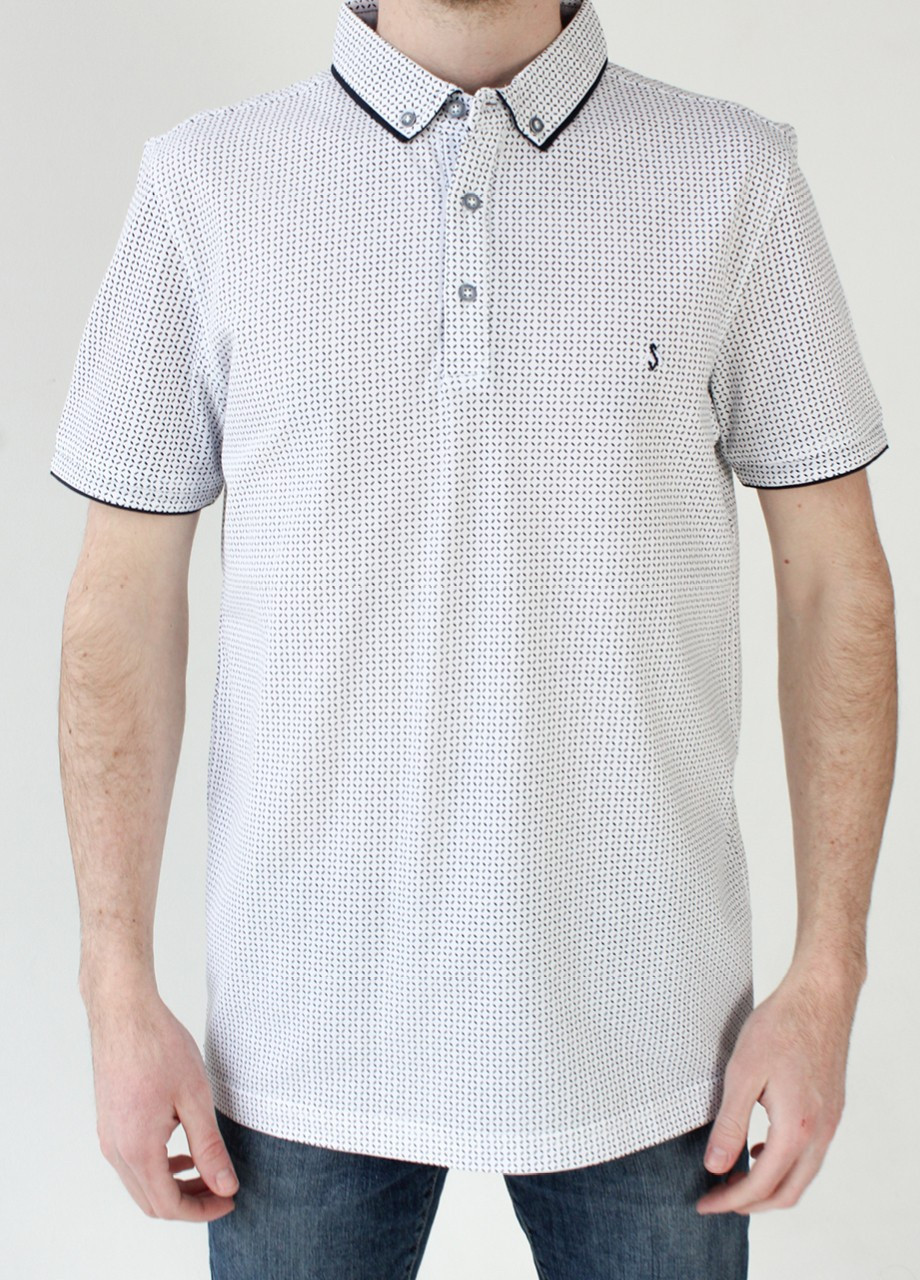 Белая футболка-поло мужское белое классическое в ромбик для мужчин MCS