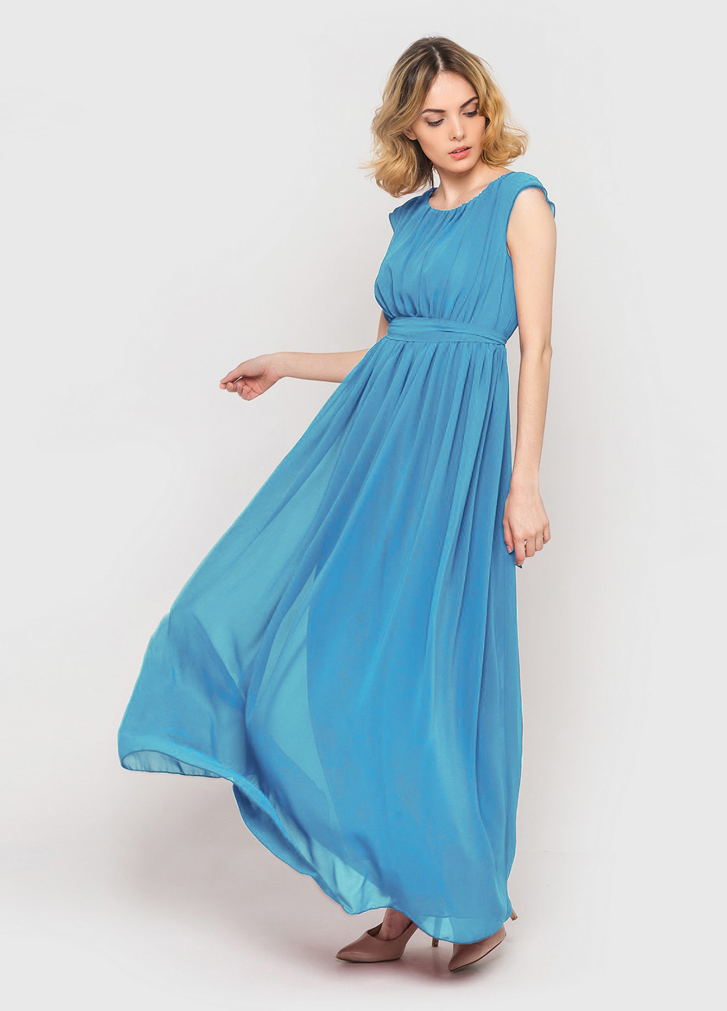 Голубое вечернее платье в стиле ампир, клеш Vovk однотонное