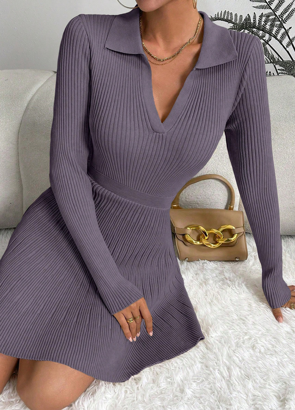 Лавандовое праздничный, кэжуал платье а-силуэт, платье-свитер SHEIN однотонное