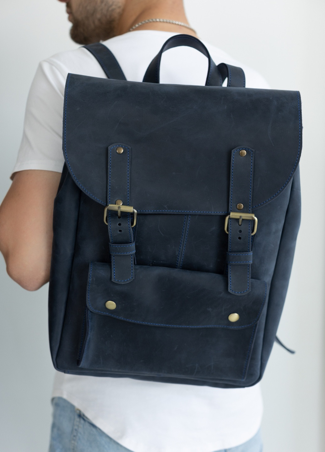 Рюкзак из натуральной винтажной кожи синего цвета Boorbon (253351921)