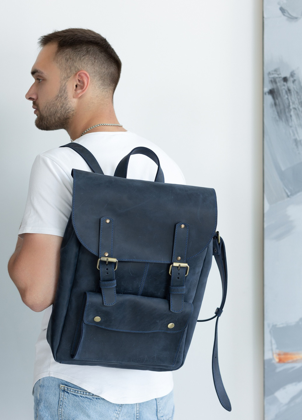 Рюкзак из натуральной винтажной кожи синего цвета Boorbon (253351921)