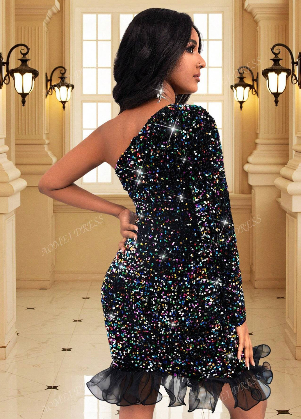 Чорна коктейльна сукня на одне плече AOMEI однотонна