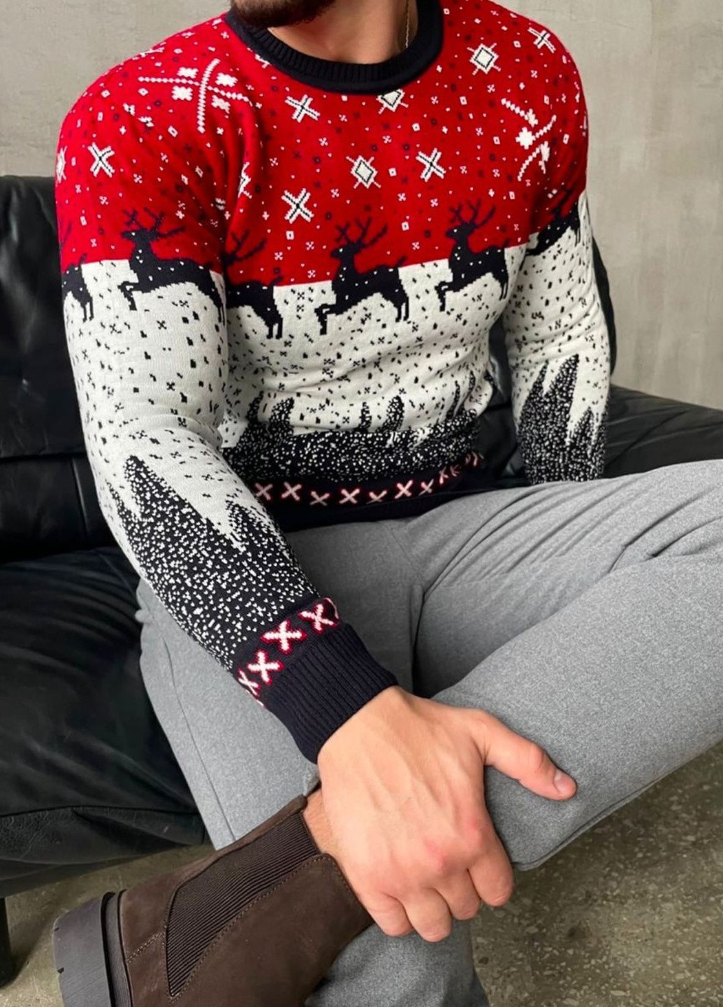 Комбинированный зимний зимний свитер с оленями No Brand