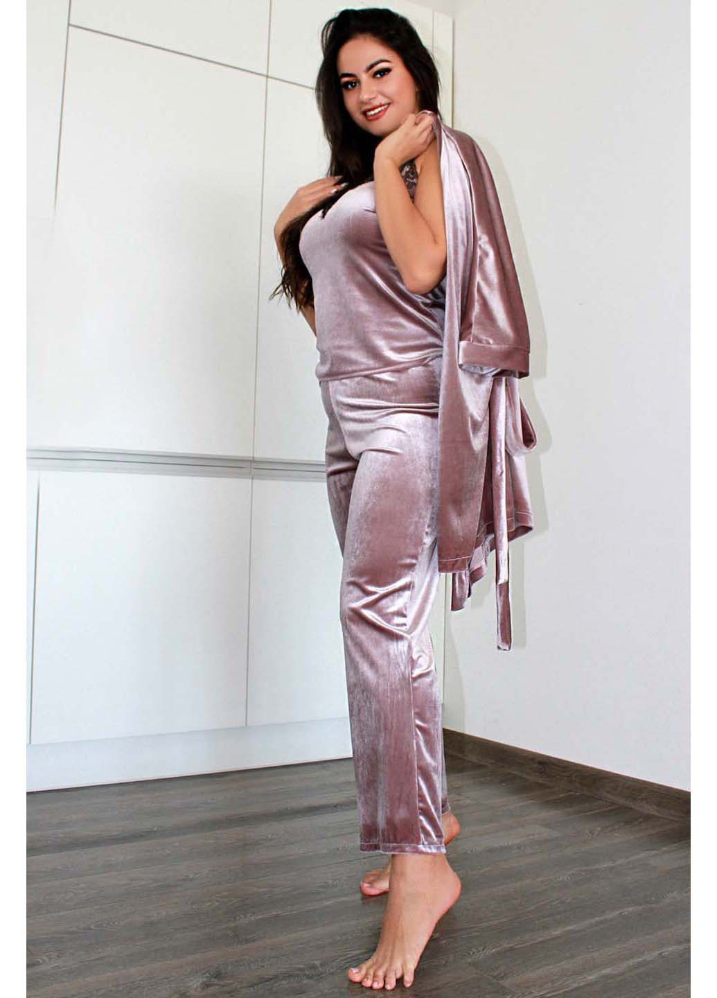 Розовый демисезонный комплект халат + майка + брюки Ghazel