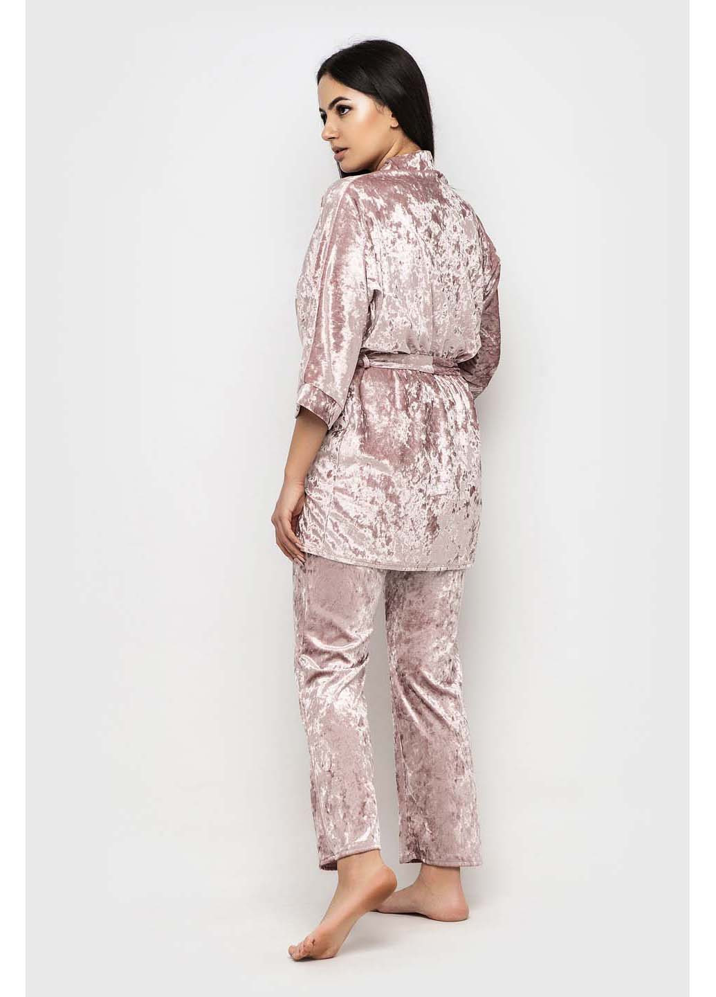Розовый демисезонный комплект халат + майка + брюки Ghazel
