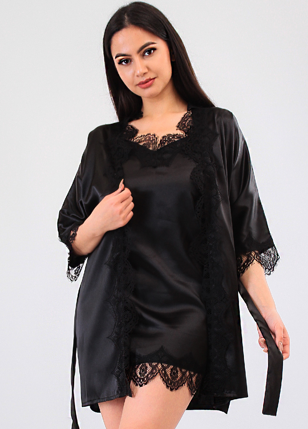 Черный демисезонный комплект (ночная рубашка, халат) Ghazel