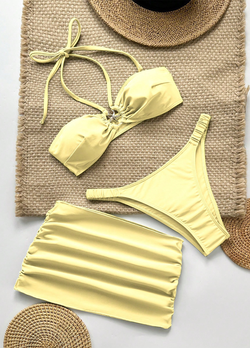 Гірчичний літній купальник (ліф, трусики, спідниця) халтер, роздільний SHEIN
