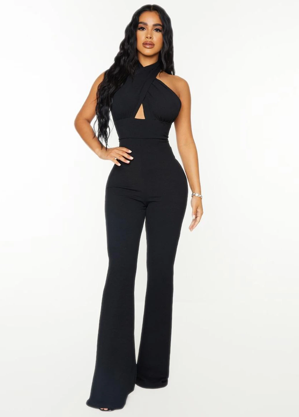 Комбинезон PrettyLittleThing комбинезон-брюки однотонный чёрный коктейльный полиэстер, трикотаж