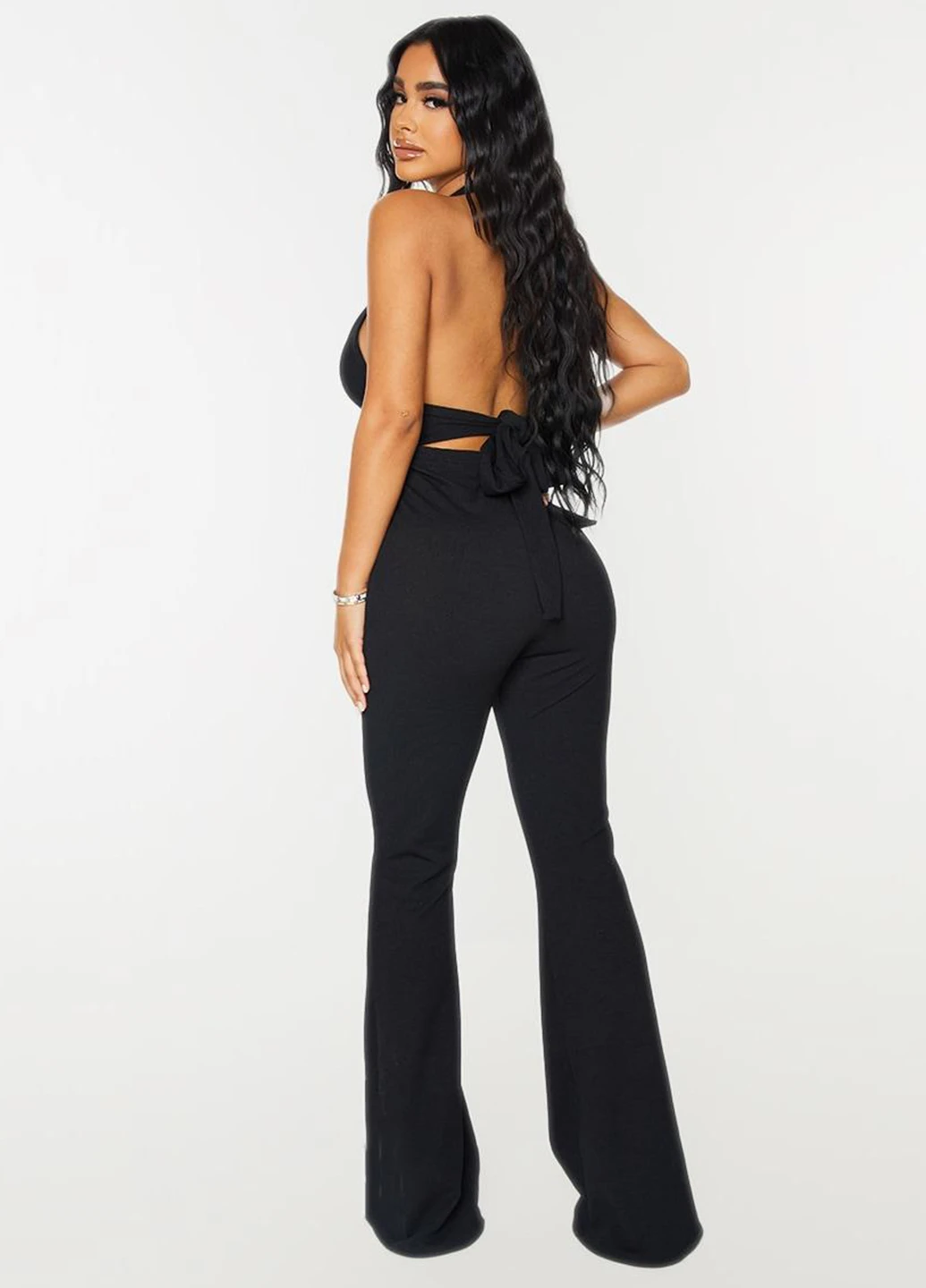 Комбинезон PrettyLittleThing комбинезон-брюки однотонный чёрный коктейльный полиэстер, трикотаж