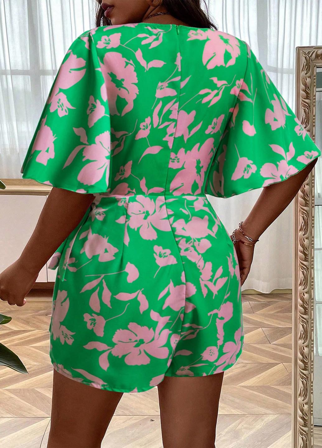 Комбинезон SHEIN комбинезон-шорты цветочный зелёный праздничный, кэжуал полиэстер