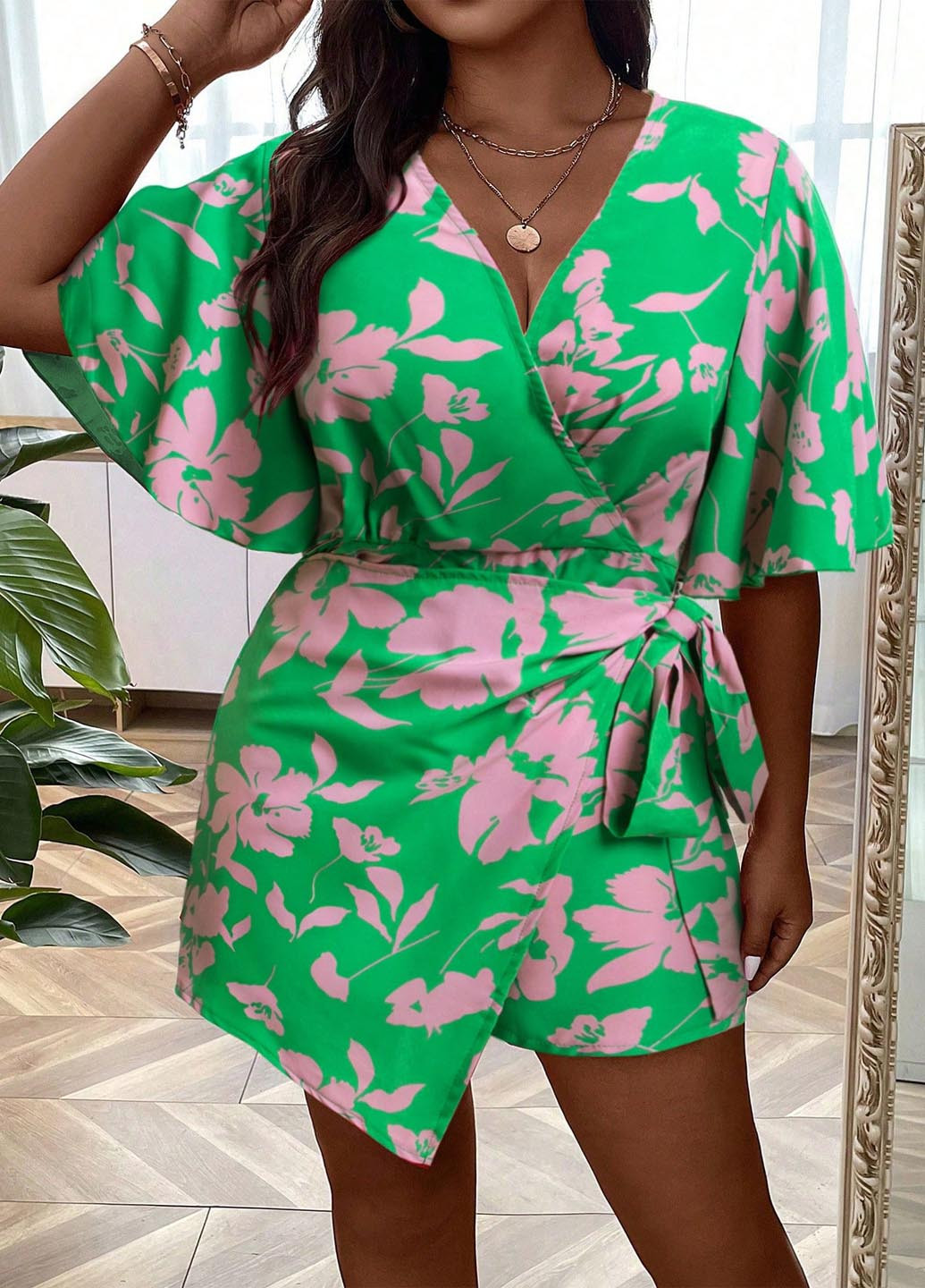 Комбинезон SHEIN комбинезон-шорты цветочный зелёный праздничный, кэжуал полиэстер
