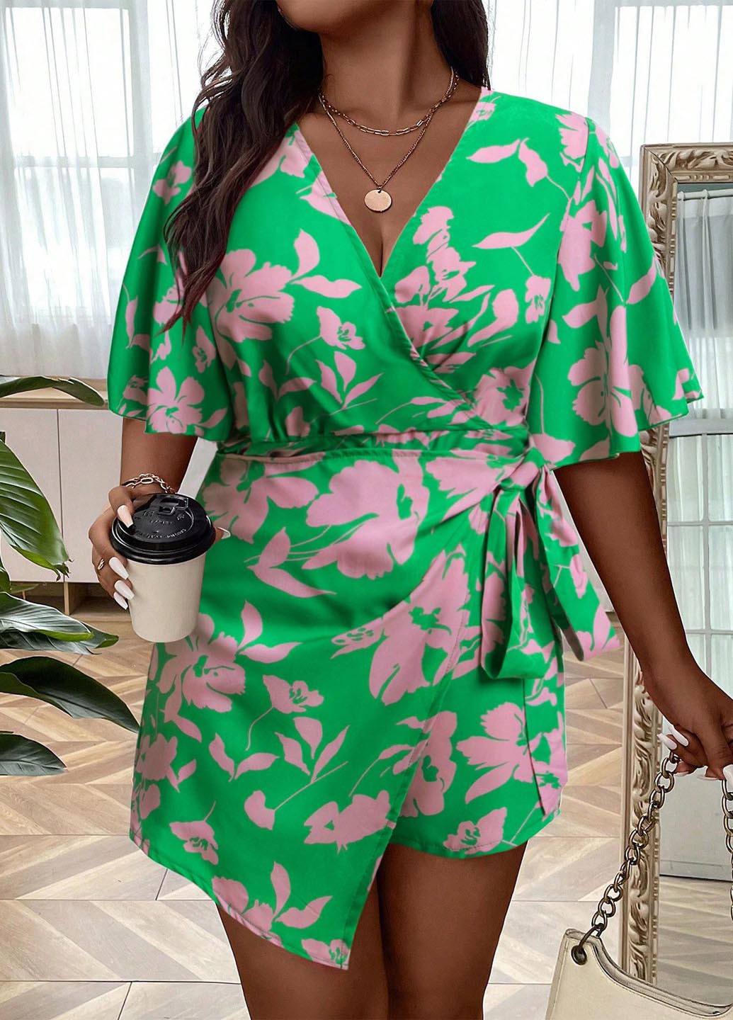 Комбинезон SHEIN комбинезон-шорты цветочный зелёный праздничный, кэжуал полиэстер