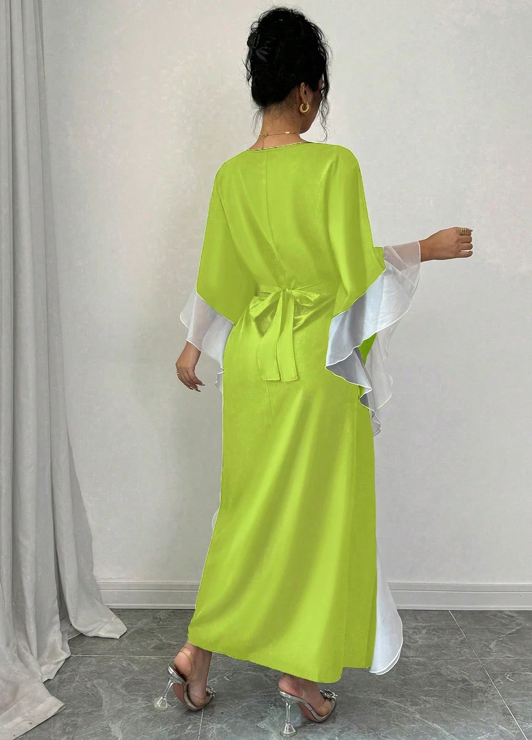 Кислотно-зеленое вечернее платье клеш, а-силуэт SHEIN однотонное