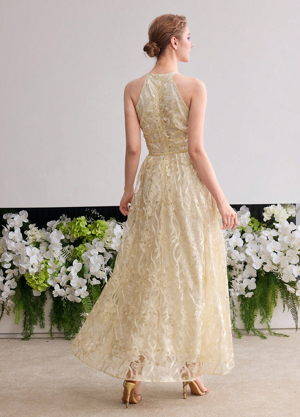 Айвори вечернее платье с юбкой-солнце SHEIN с цветочным принтом