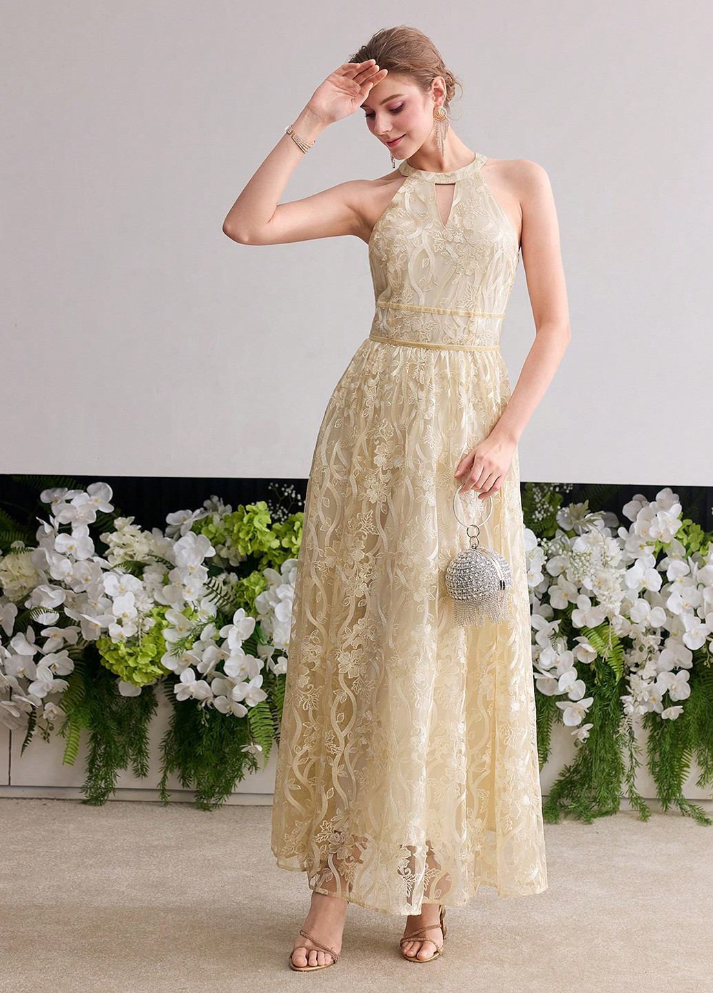 Айвори вечернее платье с юбкой-солнце SHEIN с цветочным принтом