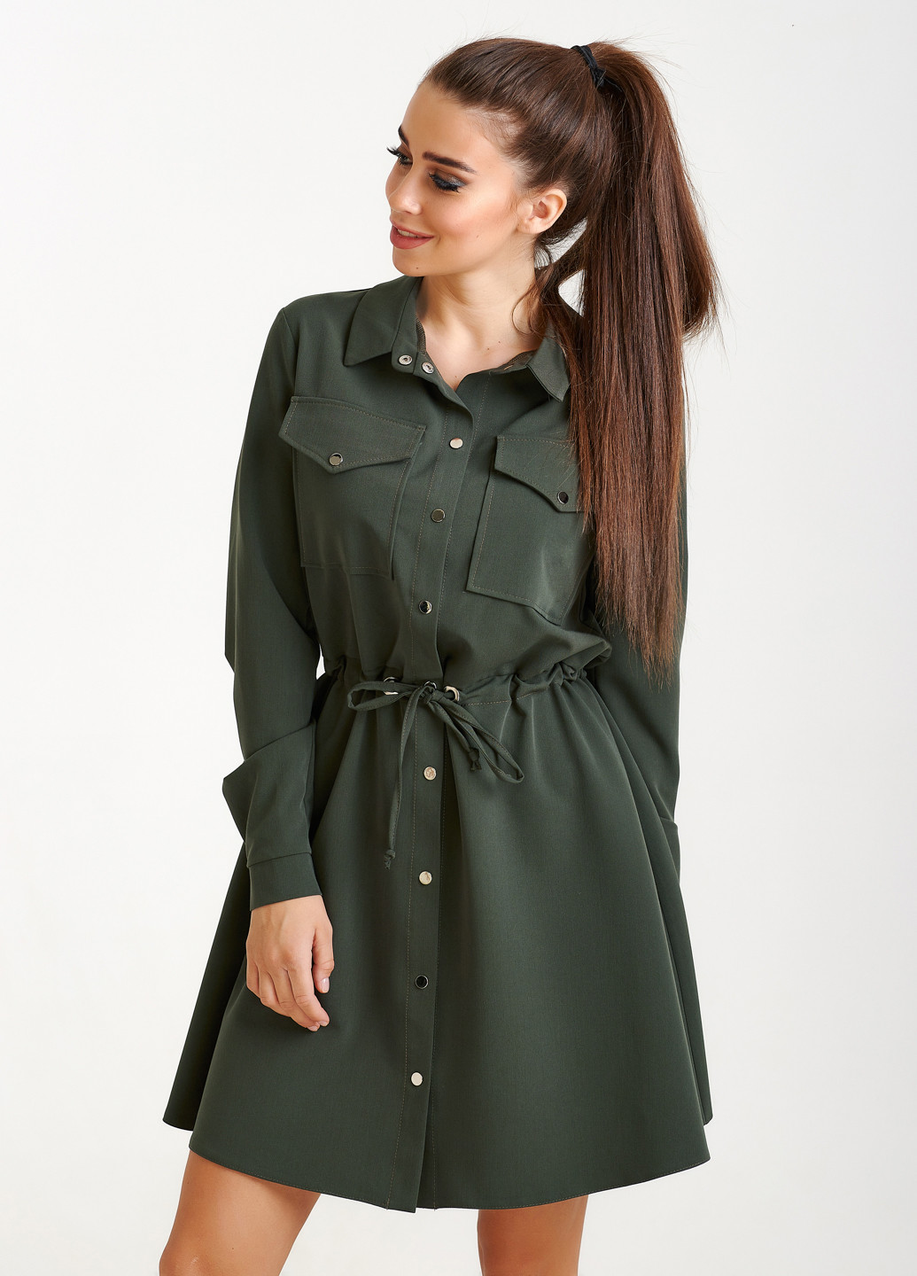 Темно-зеленое кэжуал платье рубашка, клеш ST-Seventeen однотонное