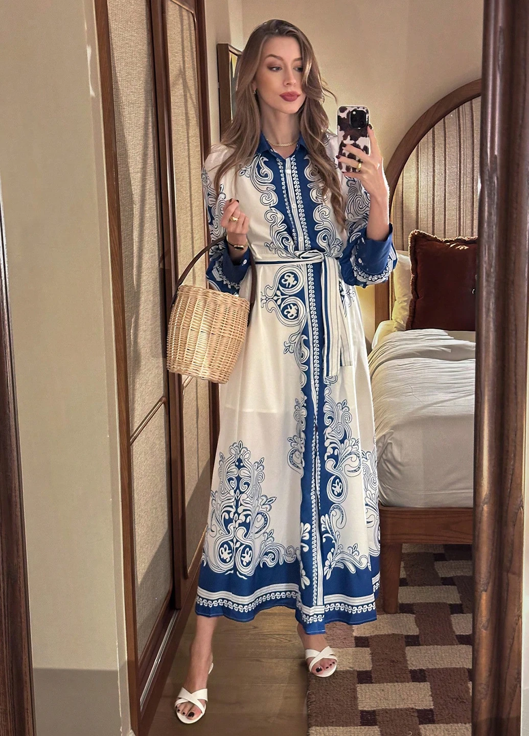 Світло-синя кежуал сукня з спідницею-сонце, сукня-сорочка SHEIN з орнаментом