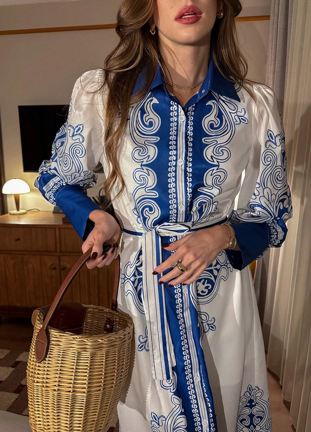 Світло-синя кежуал сукня з спідницею-сонце, сукня-сорочка SHEIN з орнаментом