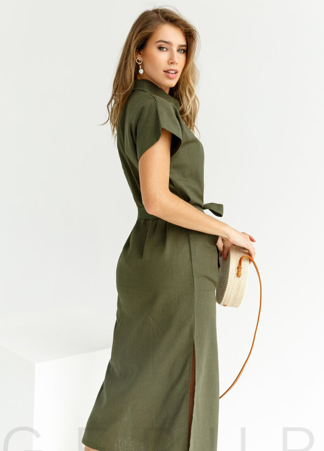 Зелена кежуал повсякденне лляне плаття-сорочка Gepur однотонна