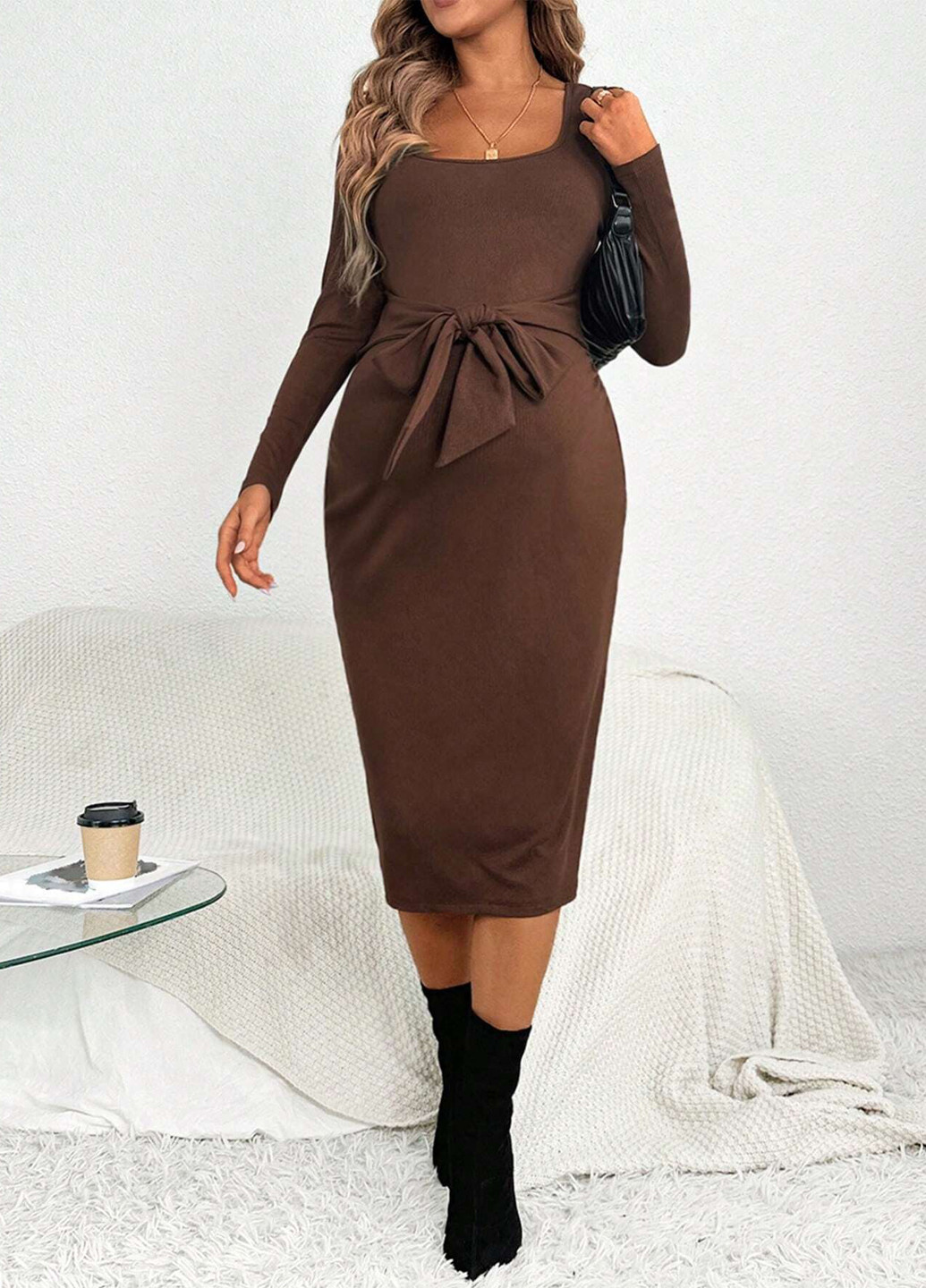 Коричневое кэжуал платье для беременных силуэтная SHEIN однотонное