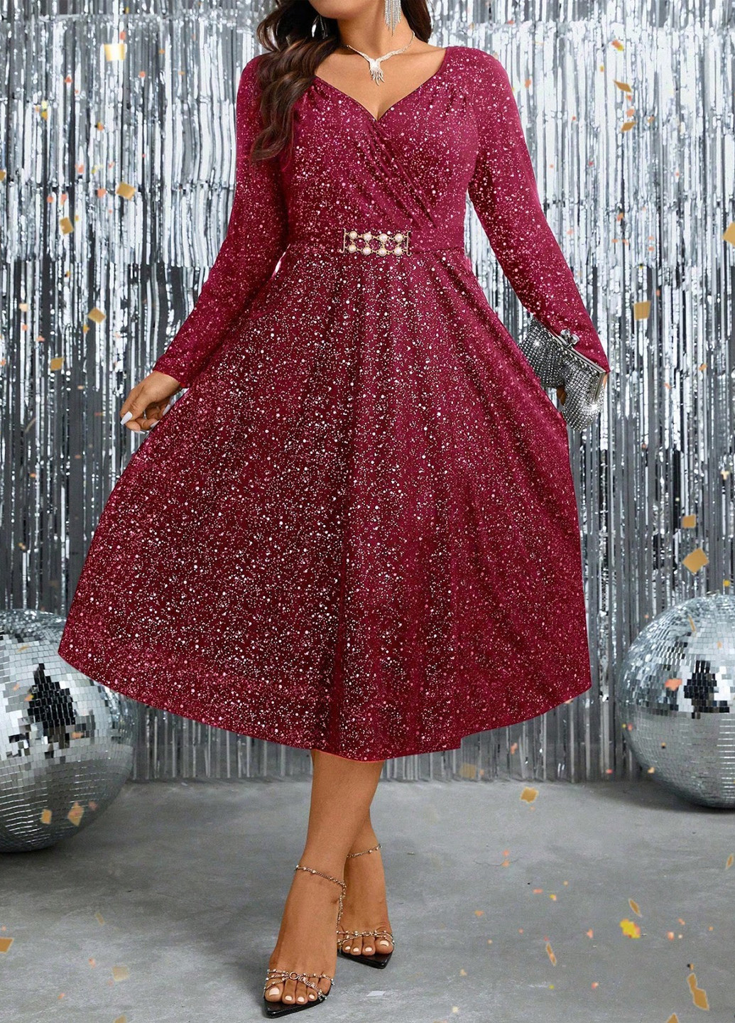 Бордовое кэжуал платье на запах, а-силуэт SHEIN с абстрактным узором