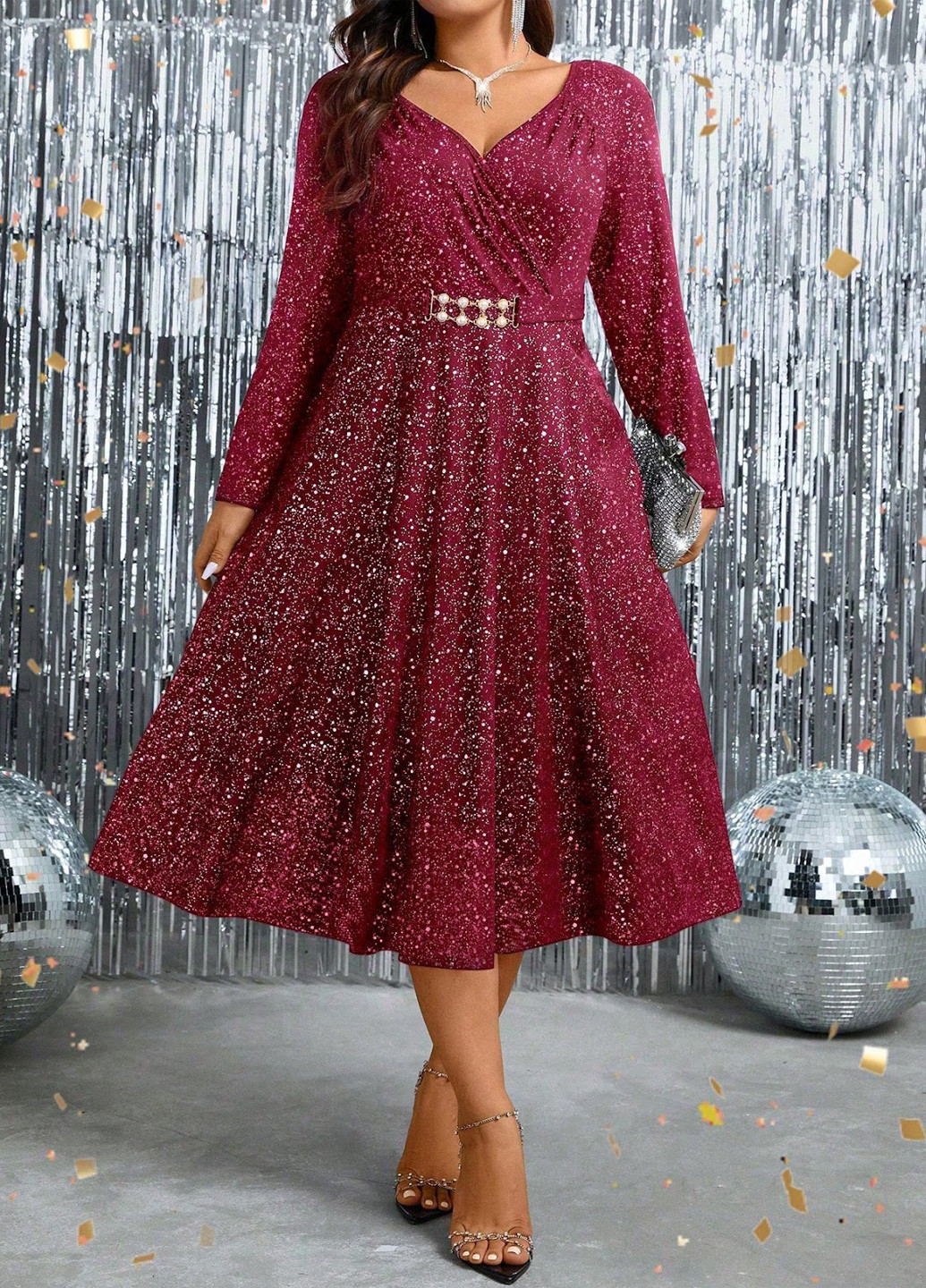 Бордовое кэжуал платье на запах, а-силуэт SHEIN с абстрактным узором