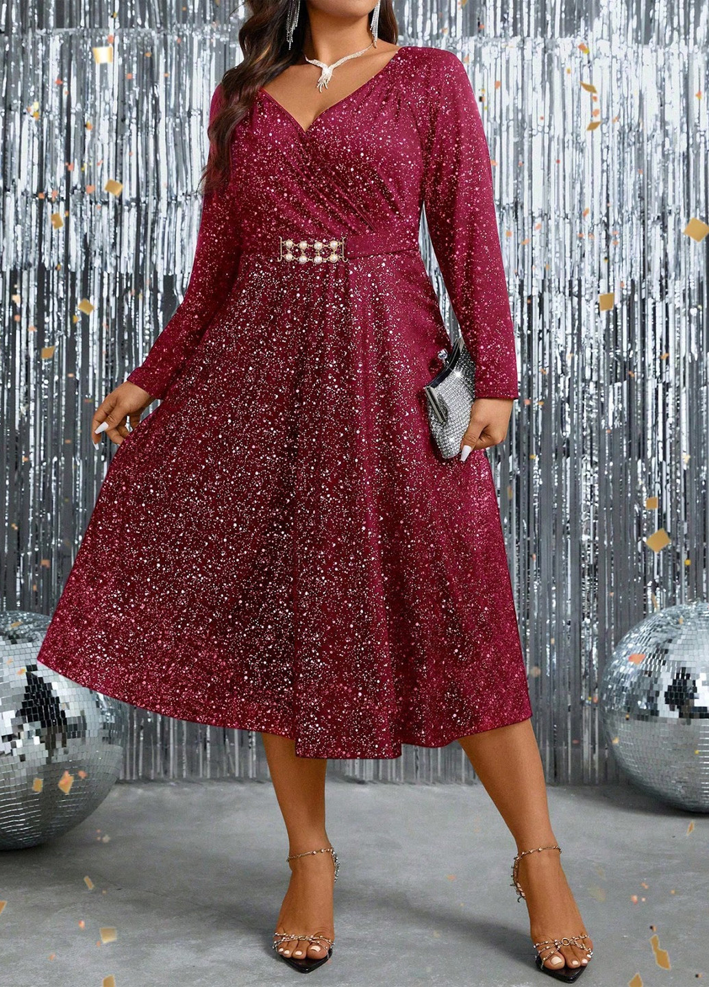 Бордовое кэжуал платье на запах, а-силуэт SHEIN с абстрактным узором