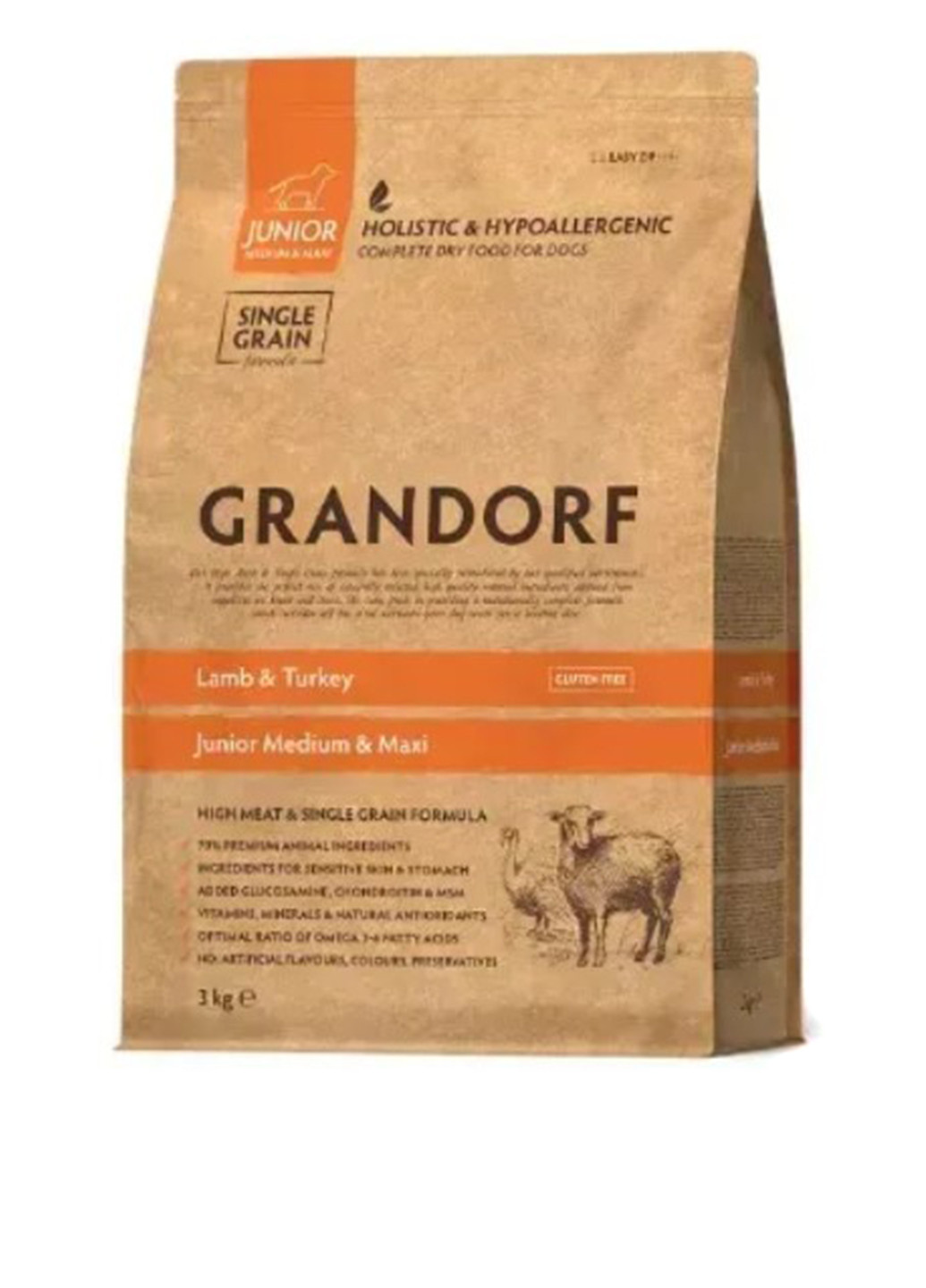 Сухой корм для юниоров собак средних и крупных пород ягненка с индейкой, 3 кг Grandorf (328263220)