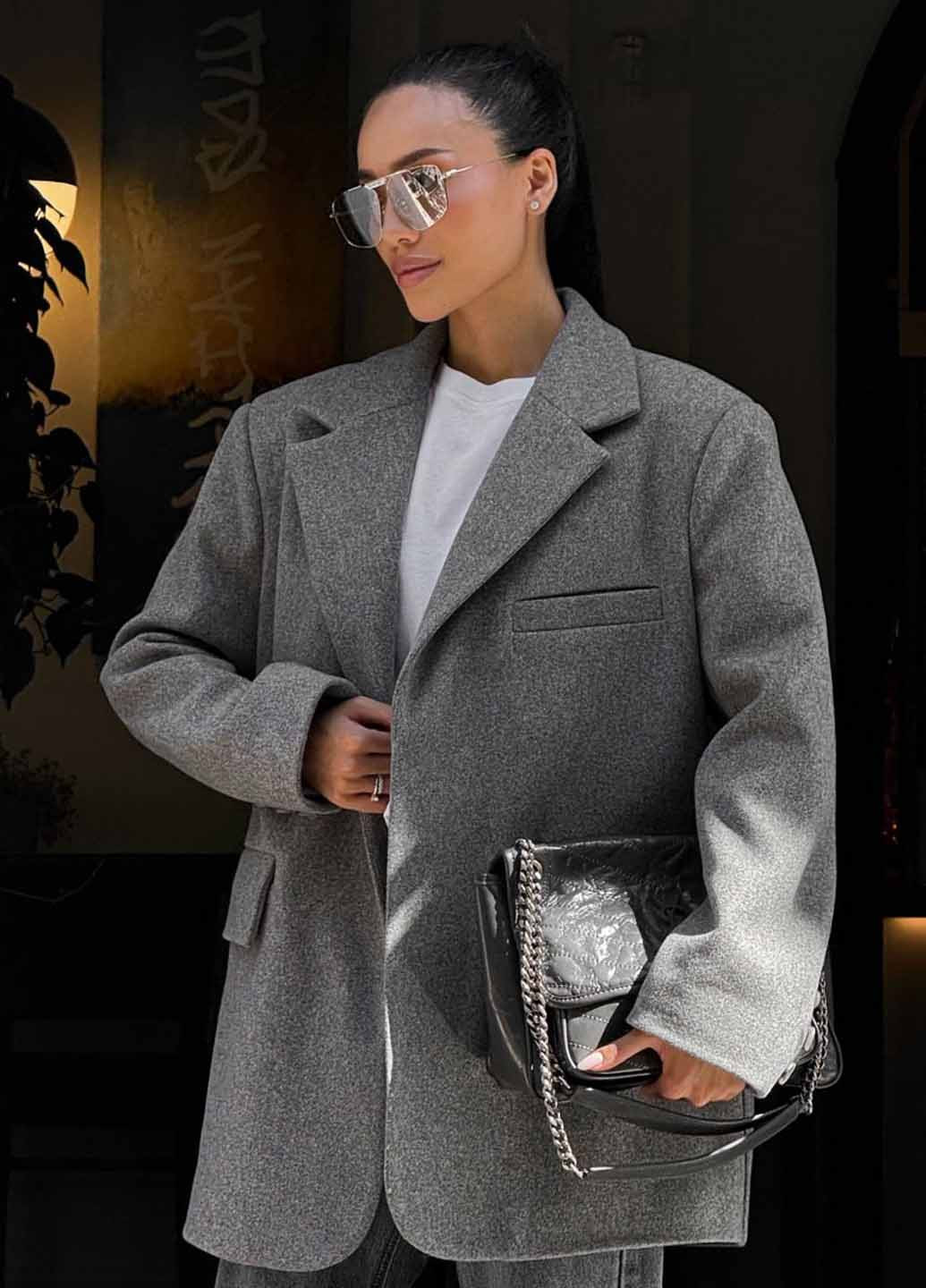 Серое Кэжуал полупальто оверсайз Fashion меланж