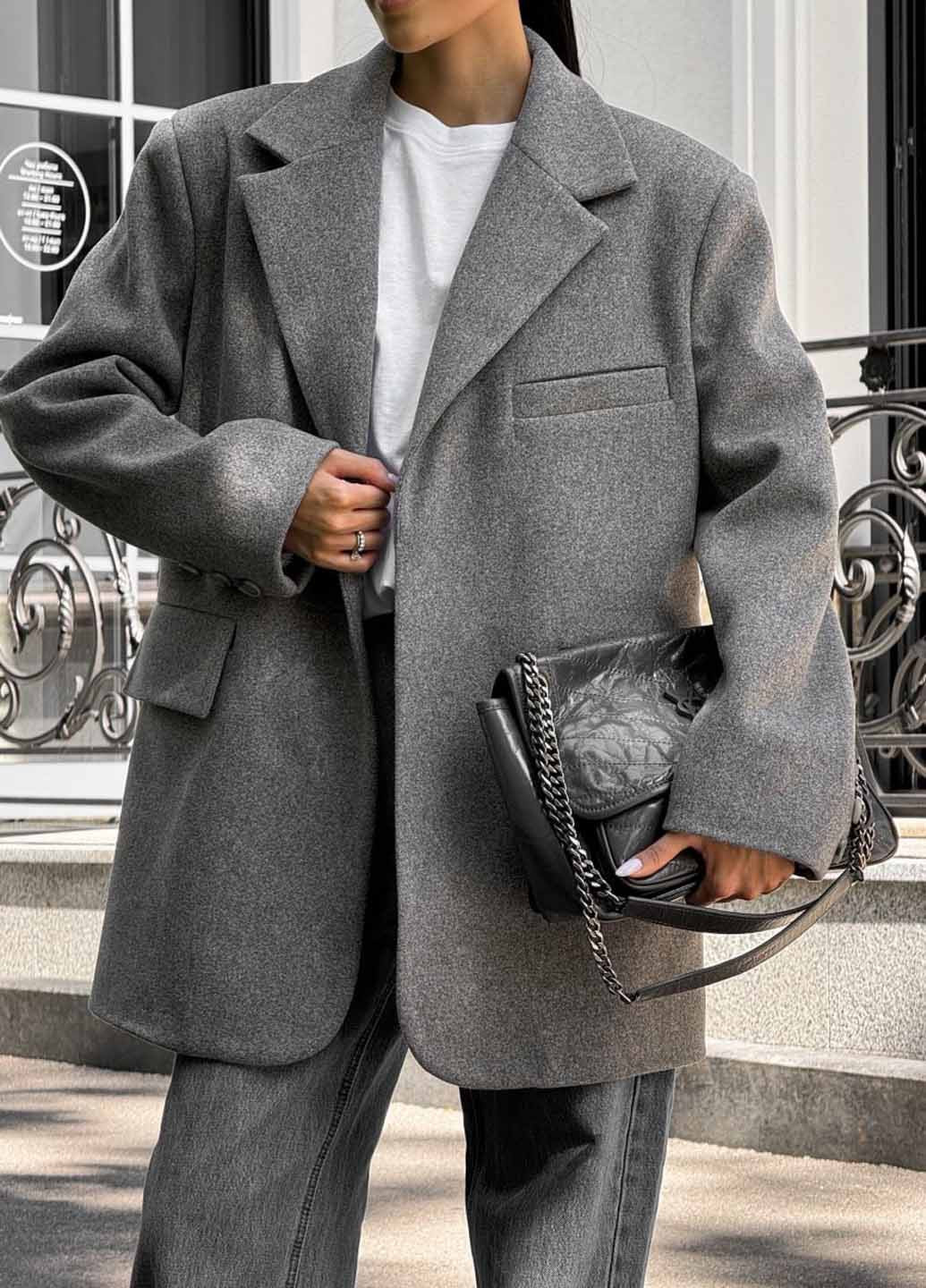 Серое Кэжуал полупальто оверсайз Fashion меланж