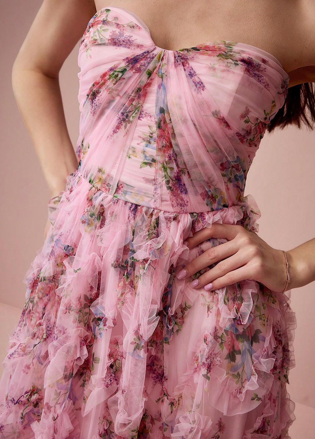 Рожева святковий, ділова сукня кльош, з відкритими плечима, з корсетом, бандо, з відкритою спиною SHEIN з квітковим принтом