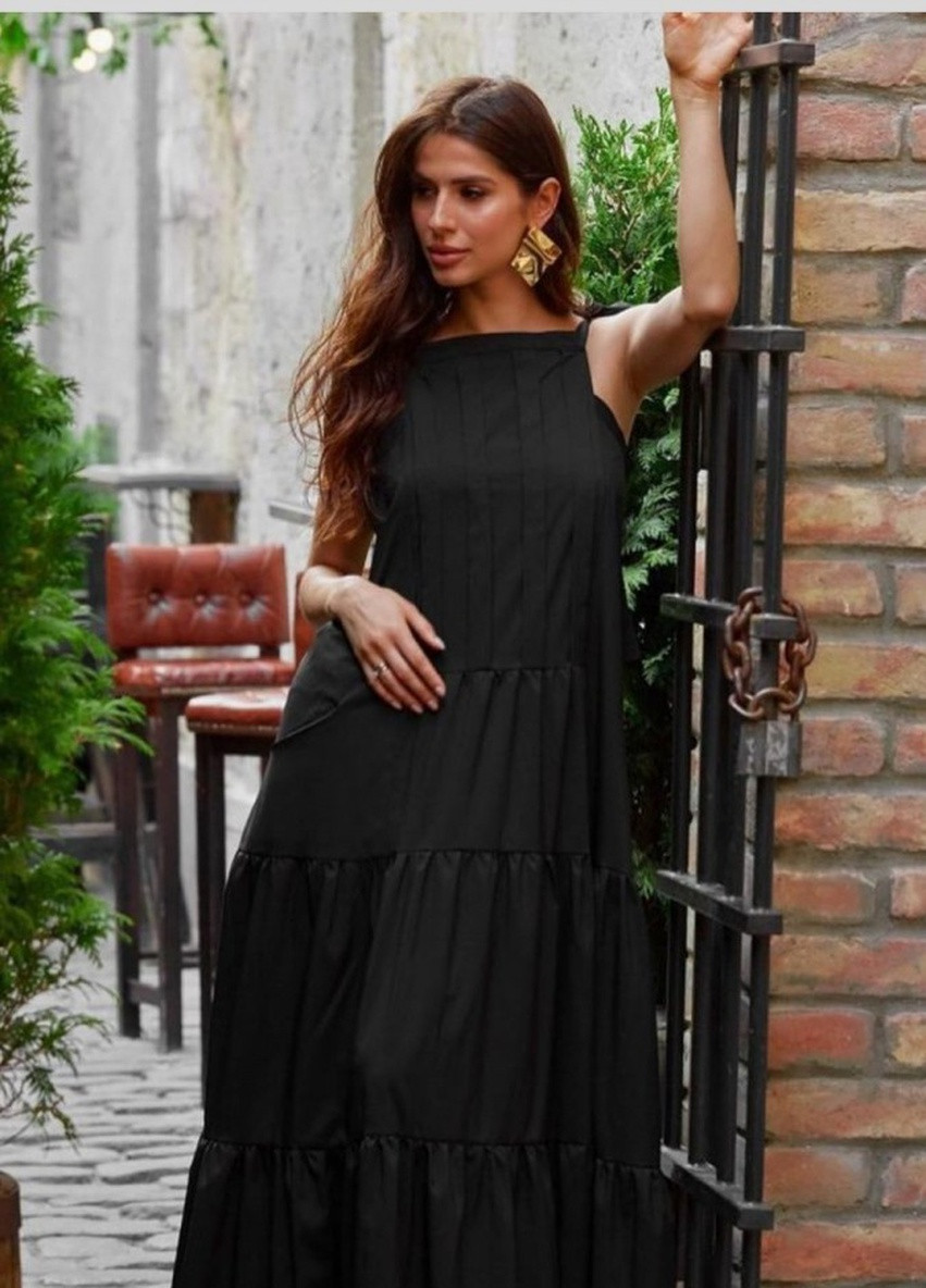 Черное вечернее платье а-силуэт, с юбкой-солнце Veles однотонное