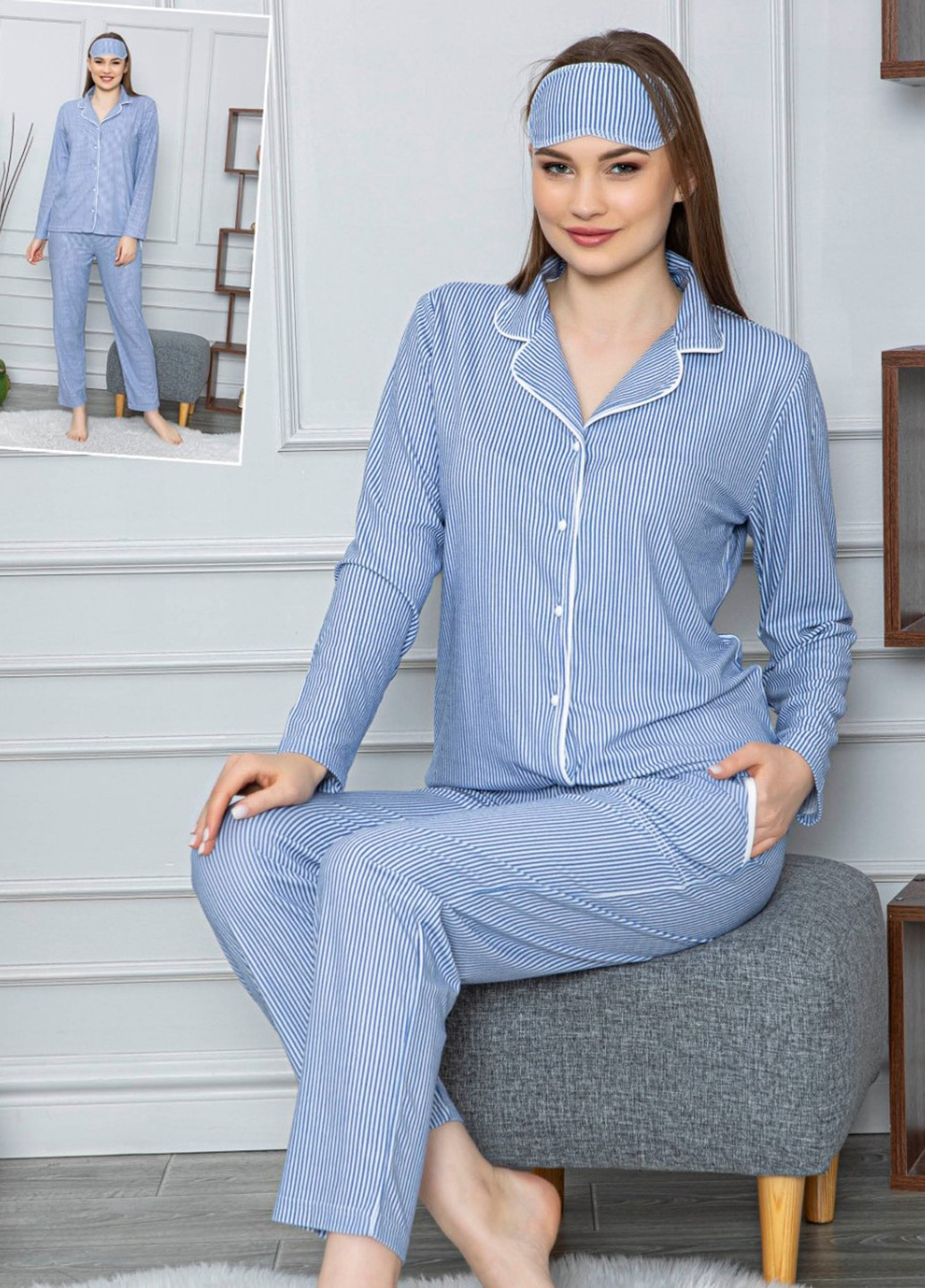 Голубая всесезон пижама (рубашка, брюки) рубашка + брюки Pijamoni