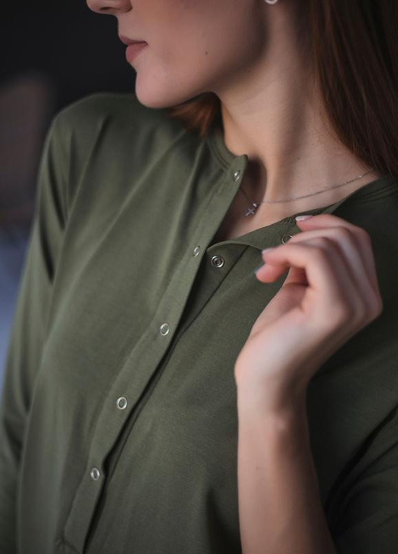 Оливковое (хаки) домашнее платье-рубашка для беременных и кормящих мам, хаки Koko boutique однотонное