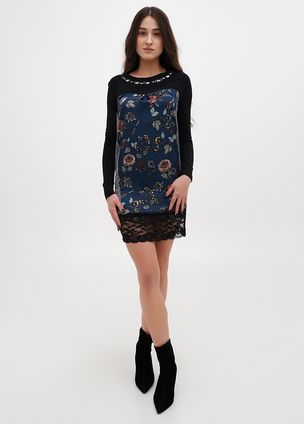 Темно-синее кэжуал платье а-силуэт Sassofono с рисунком