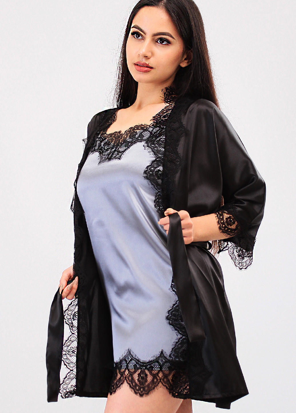 Сірий демісезонний комплект (нічна сорочка, халат) Ghazel