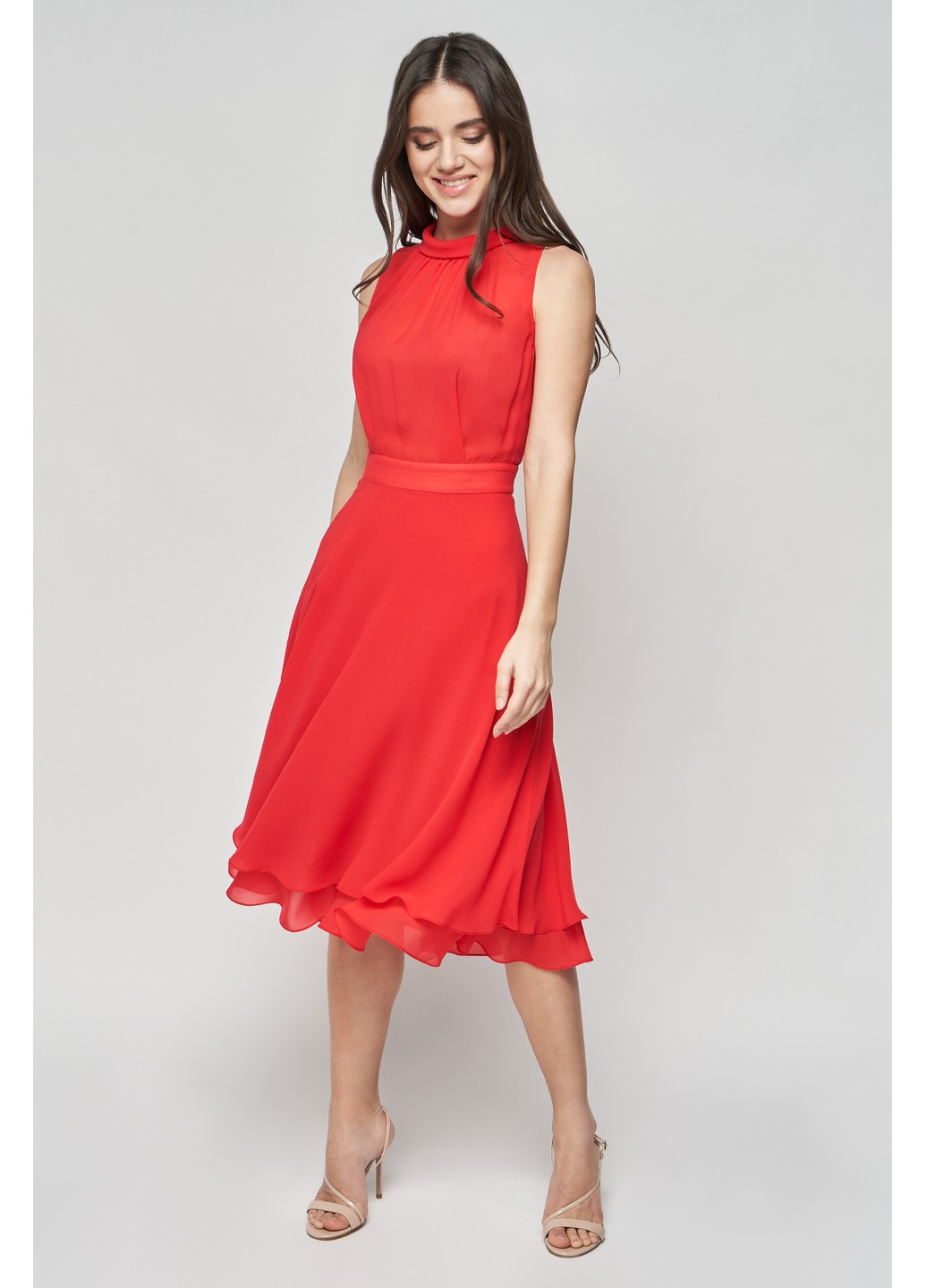 Красное коктейльное шелковое платье стефани клеш, с пышной юбкой BYURSE однотонное