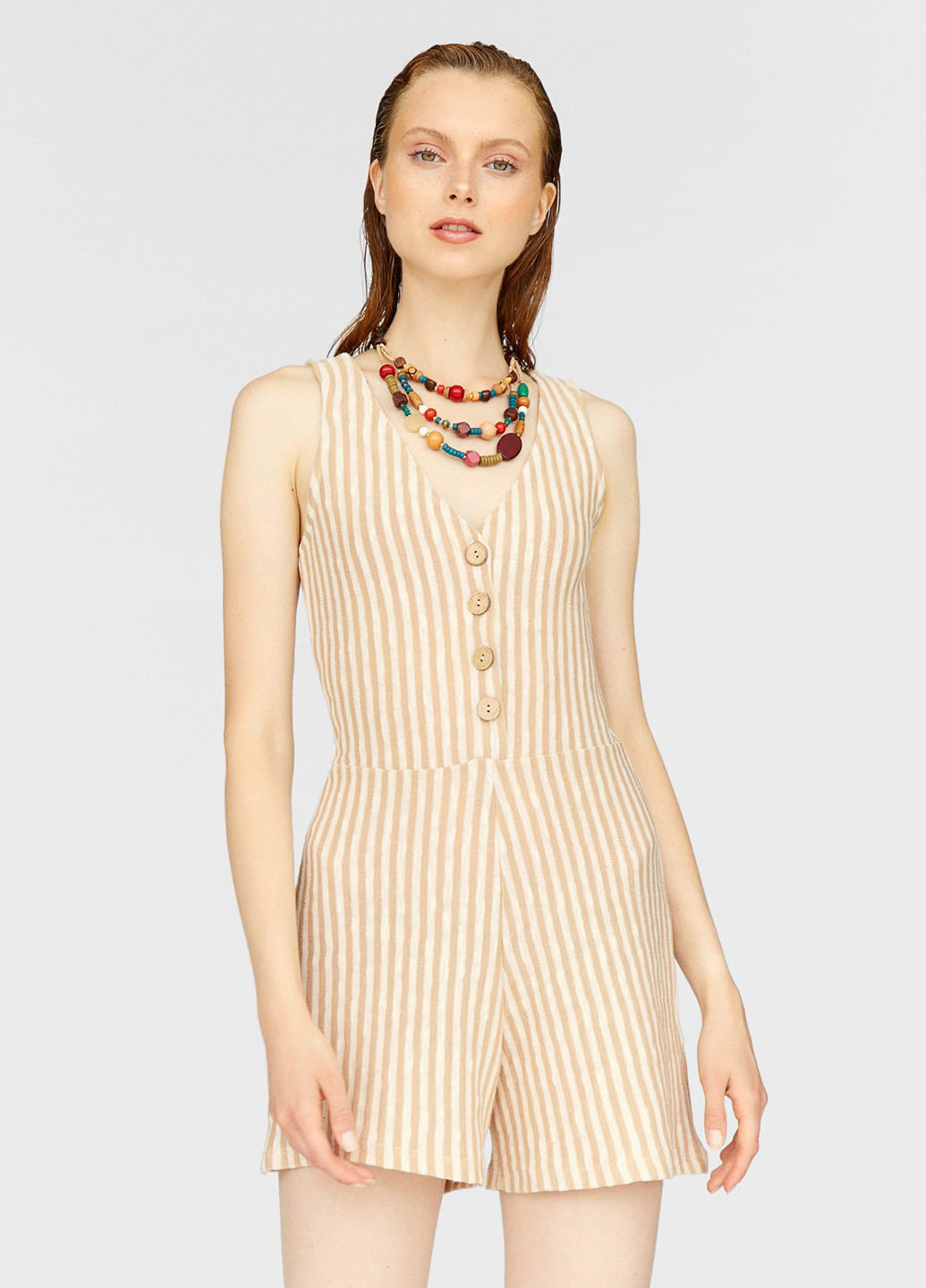 Комбинезон Stradivarius комбинезон-шорты полоска бежевый кэжуал хлопок, трикотаж