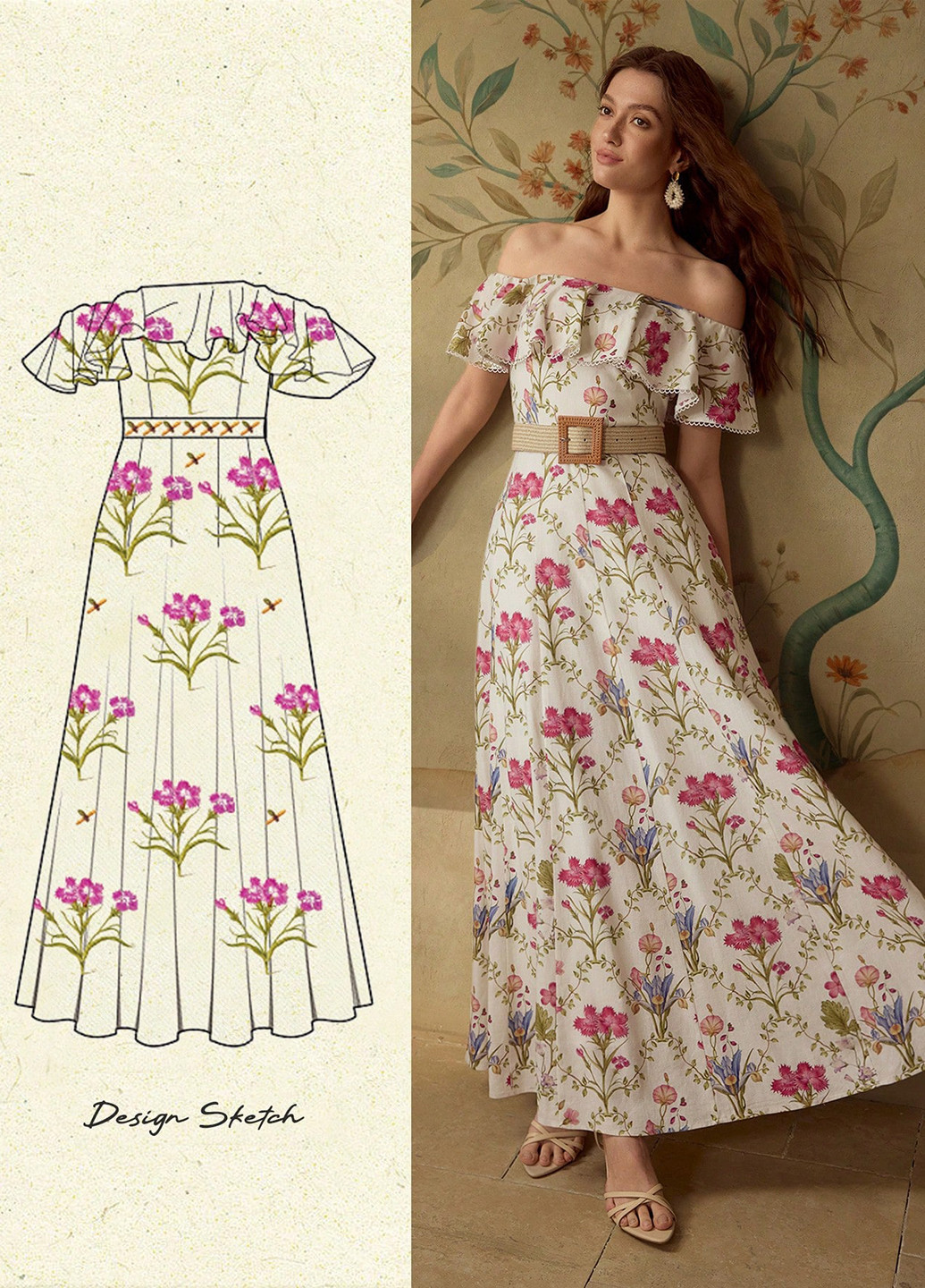 Кремовое кэжуал платье клеш, с открытыми плечами, с открытой спиной SHEIN с цветочным принтом