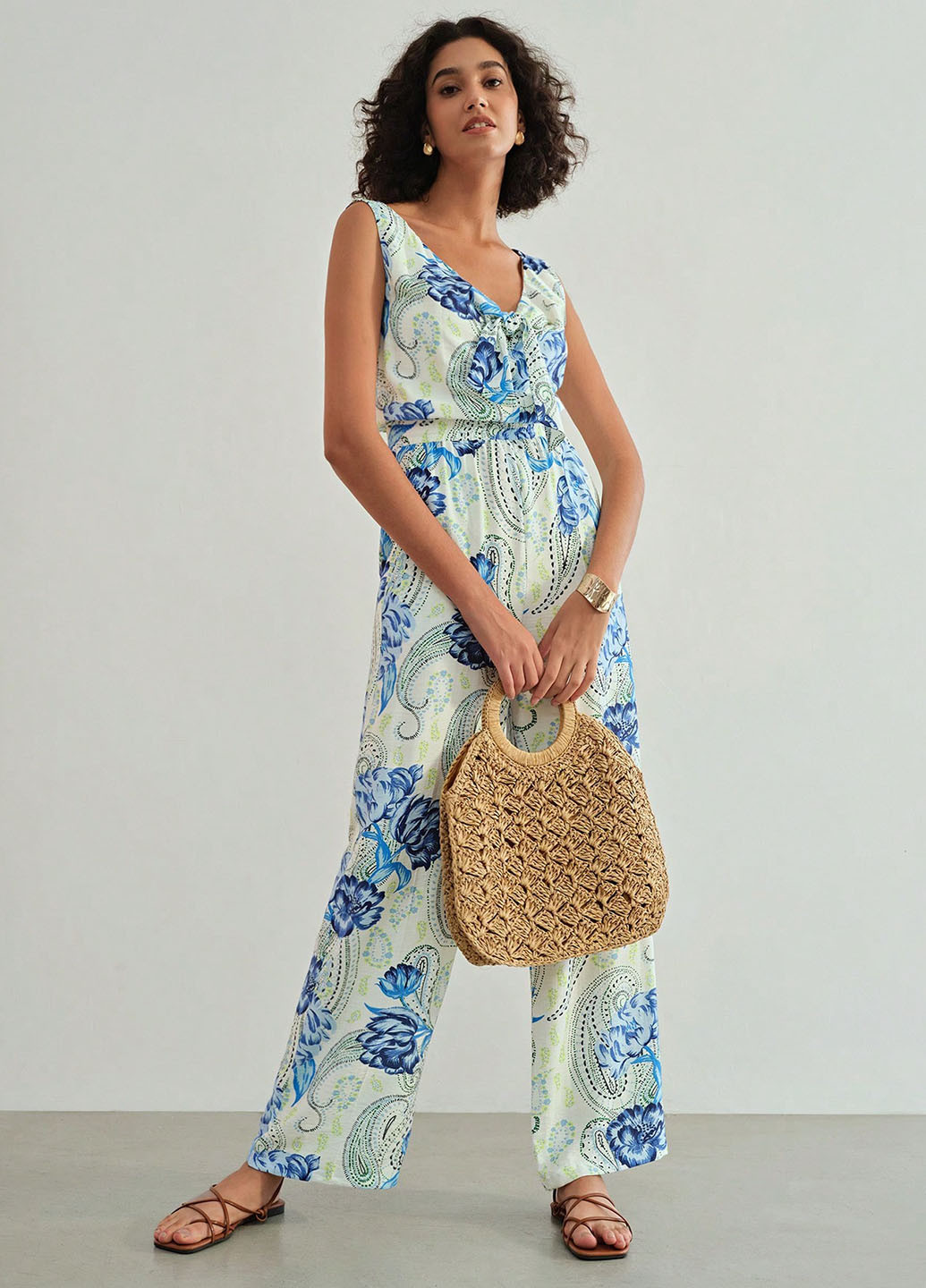 Комбинезон SHEIN комбинезон-брюки цветочный белый кэжуал вискоза