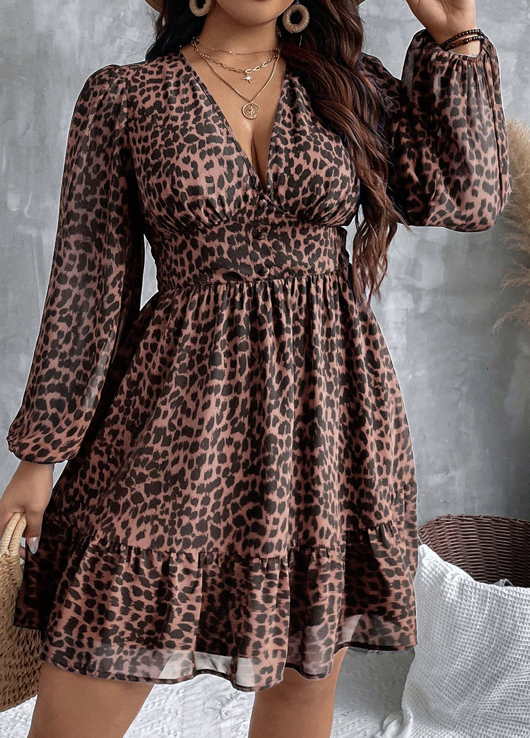 Темно-коричневое кэжуал платье клеш SHEIN леопардовый