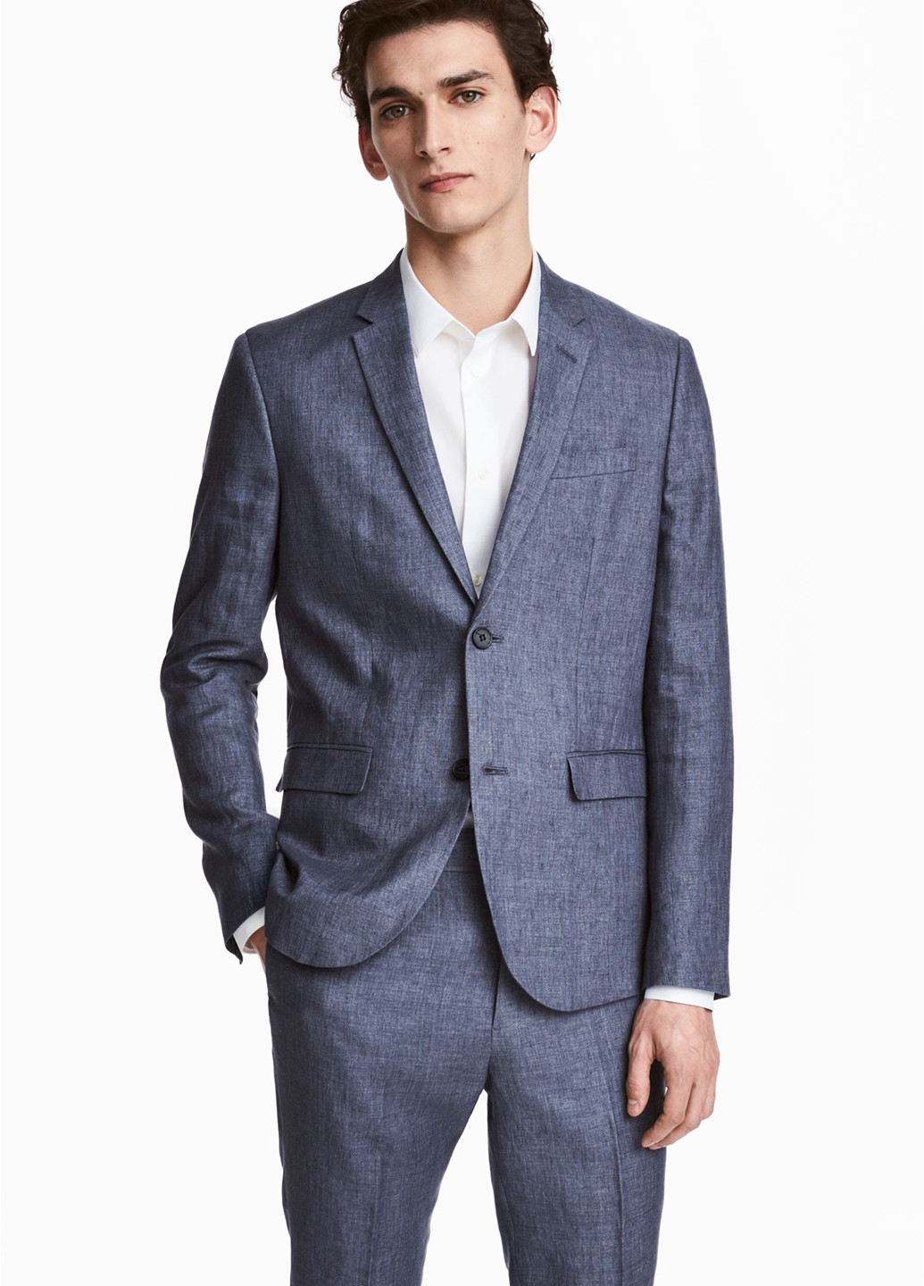Пиджак H&M однобортный меланж тёмно-синий кэжуал лен
