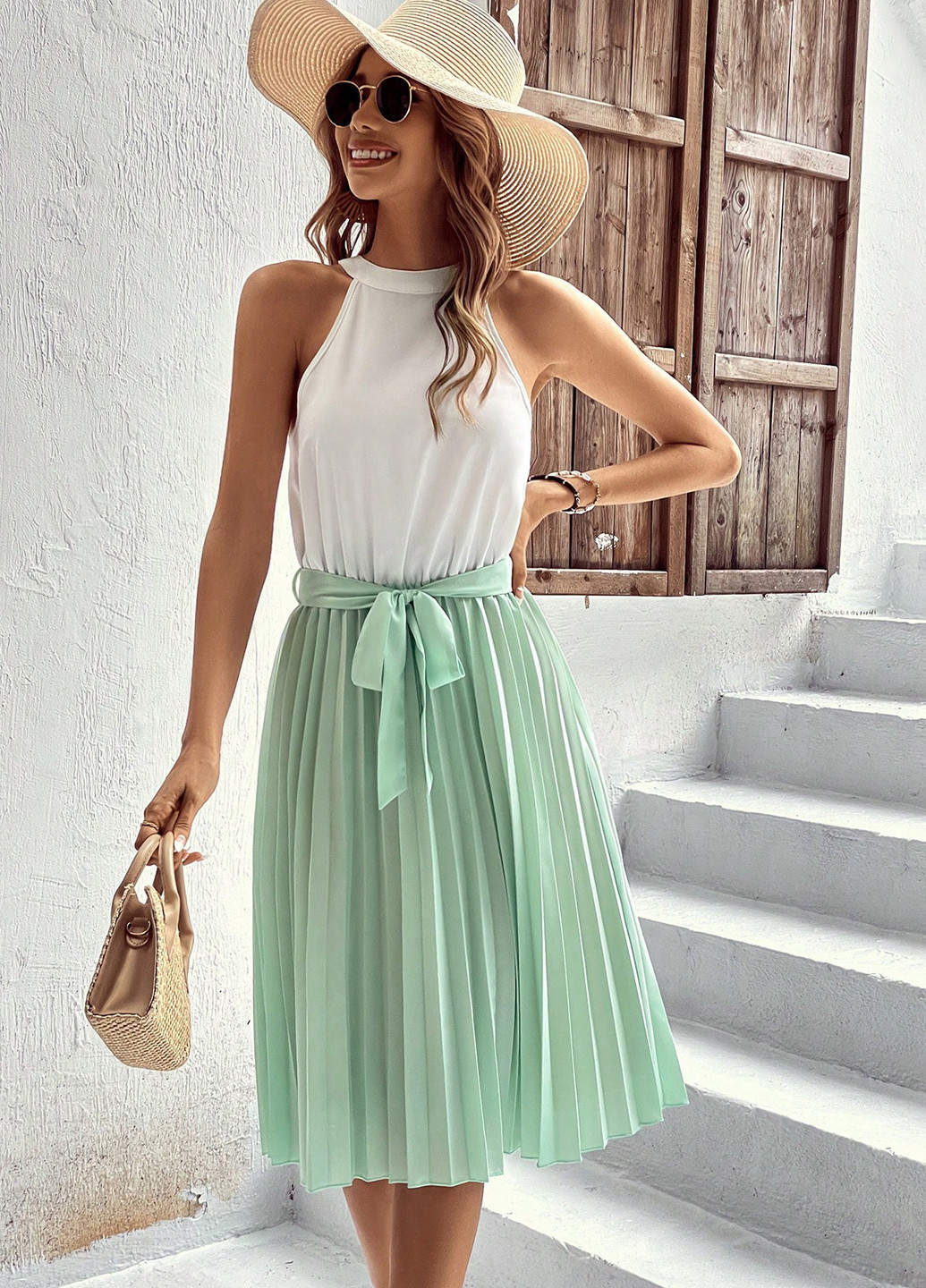 М'ятна кежуал сукня кльош, плісована SHEIN колор блок