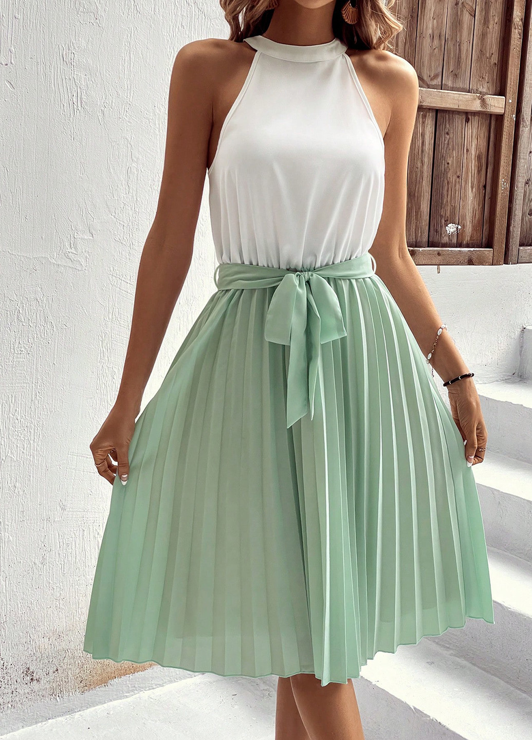 М'ятна кежуал сукня кльош, плісована SHEIN колор блок