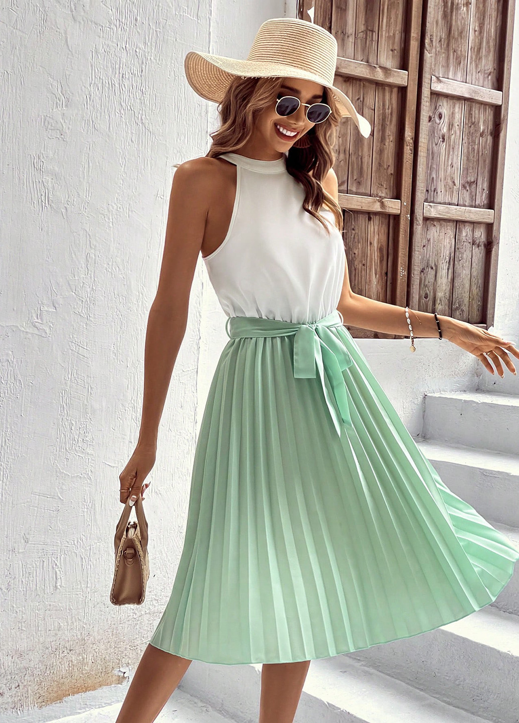 М'ятна кежуал сукня кльош, плісована SHEIN колор блок