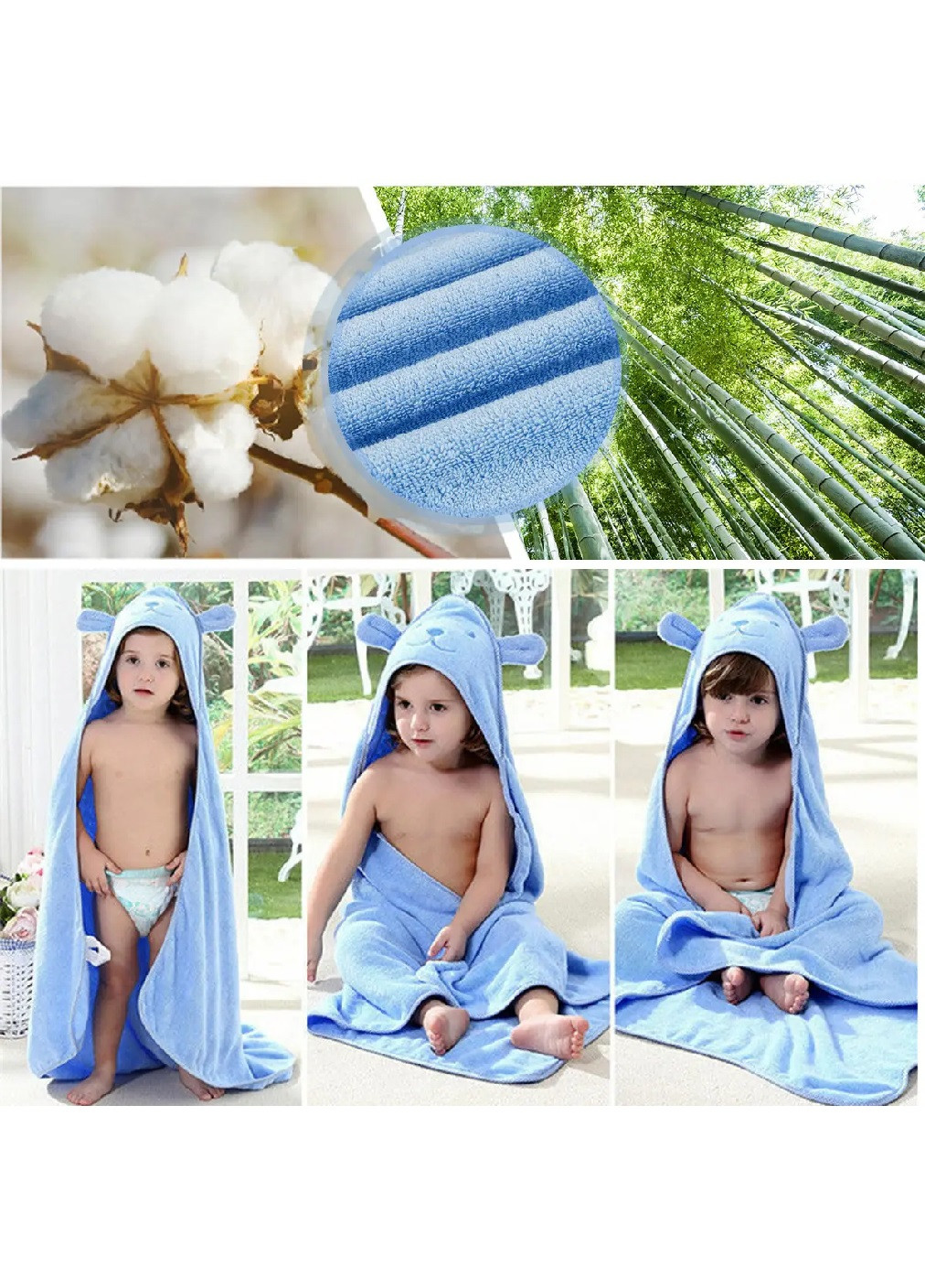 Unbranded рушник з капюшоном дитячий банний плед куточок конверт для купання 90х90 см (473206-prob) синє однотонний синій виробництво -