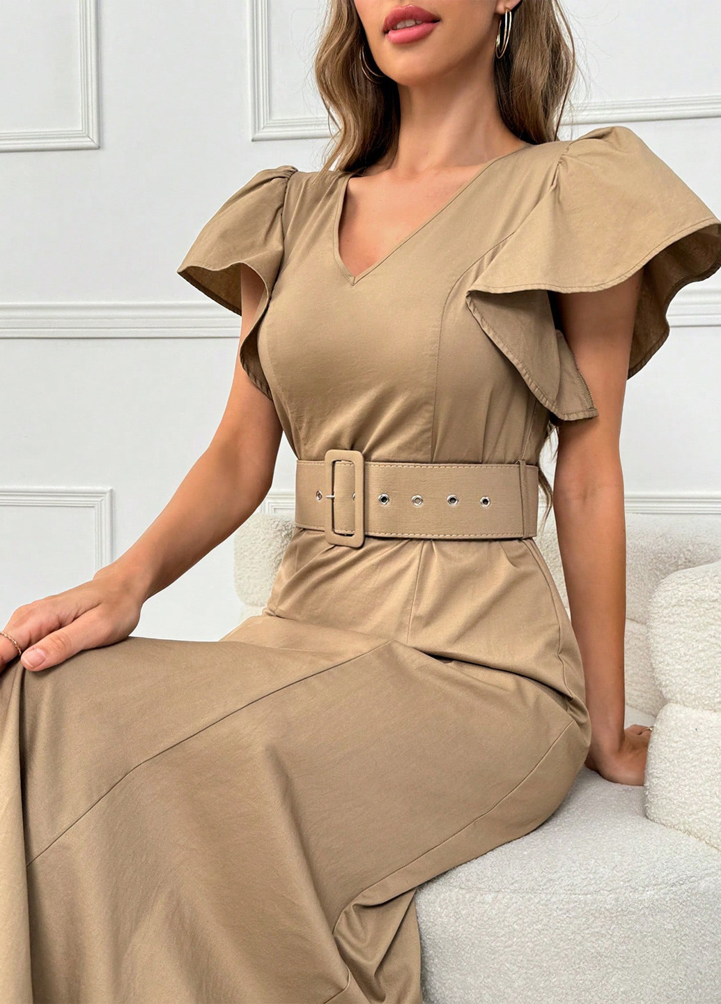 Бежевое кэжуал платье клеш SHEIN однотонное