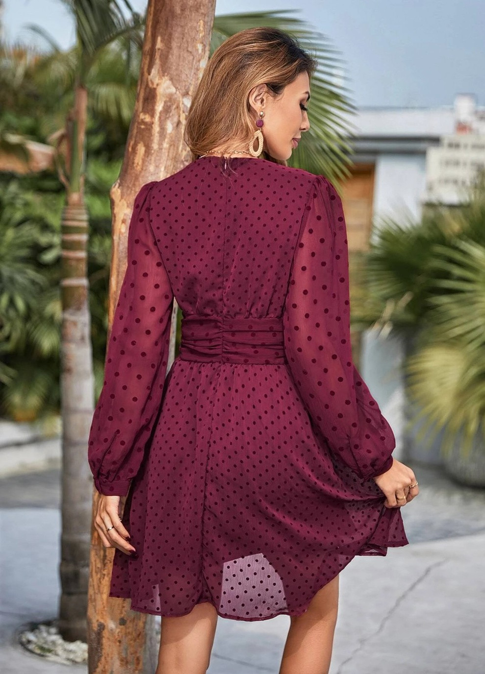 Бордова кежуал плаття жіночe міні vinous Berni Fashion в горошок
