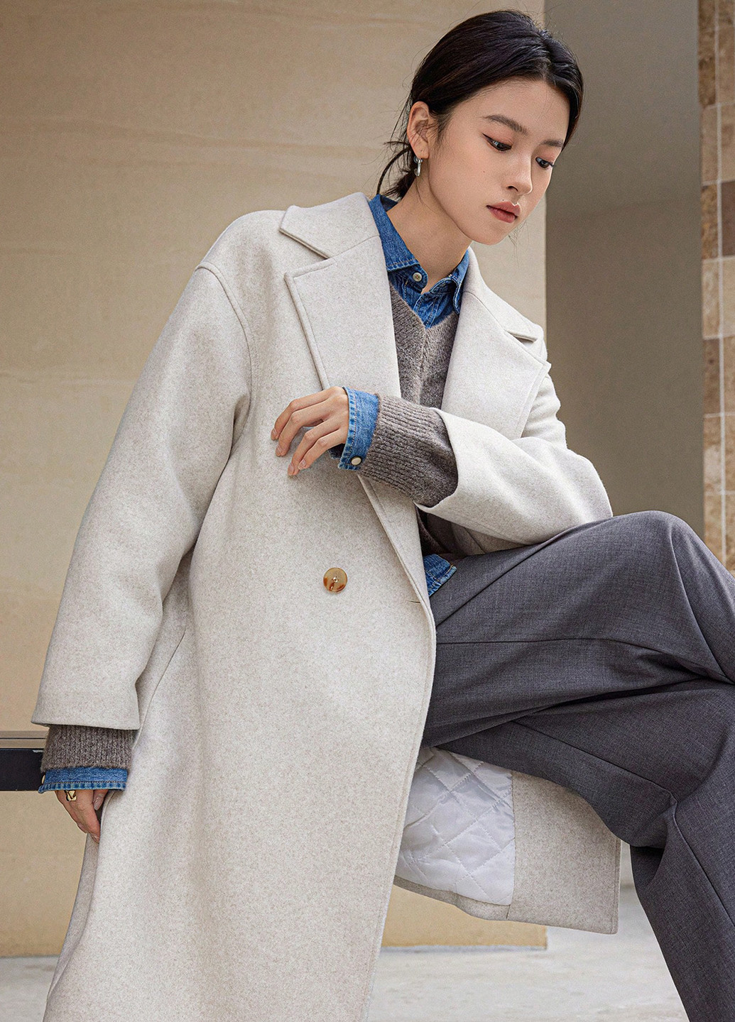 Бежеве демісезонне Пальто двобортне SHEIN