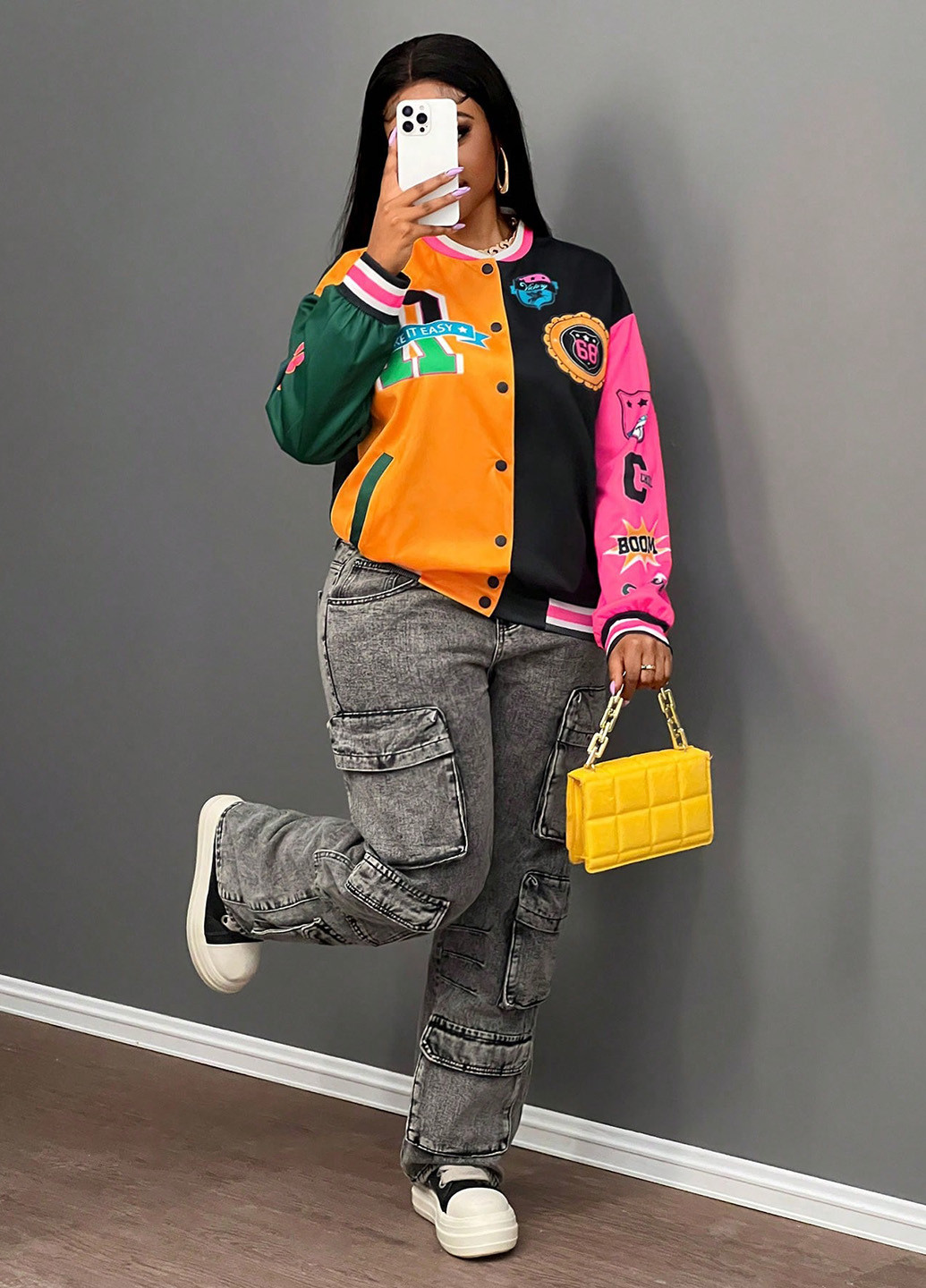 Бомбер SHEIN бейсбольний на кнопках (344453471)